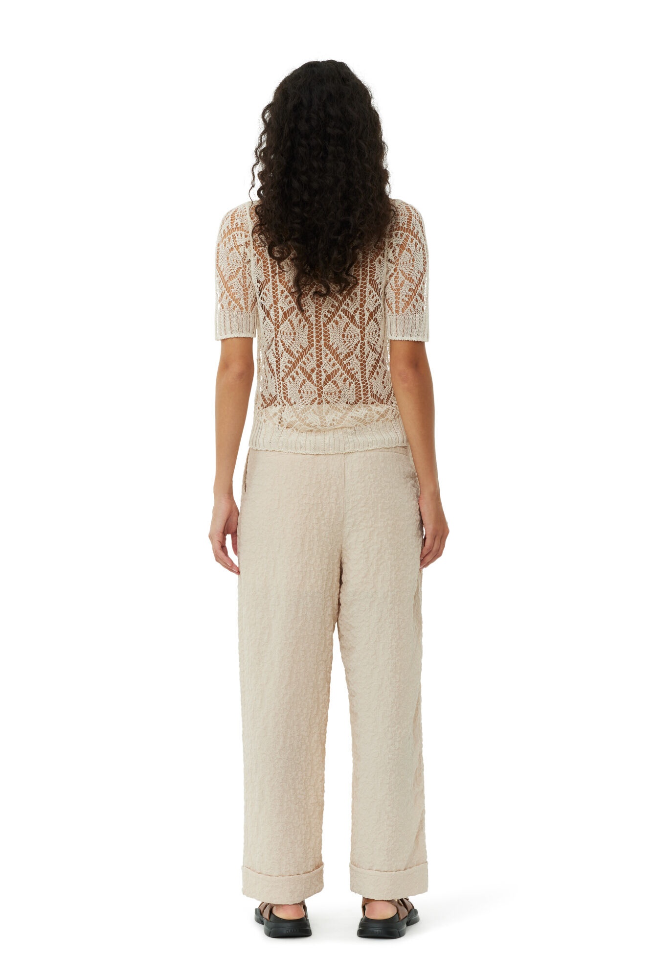 BEIGE TEXTURED SUITING MID WAIST PANTS - 5