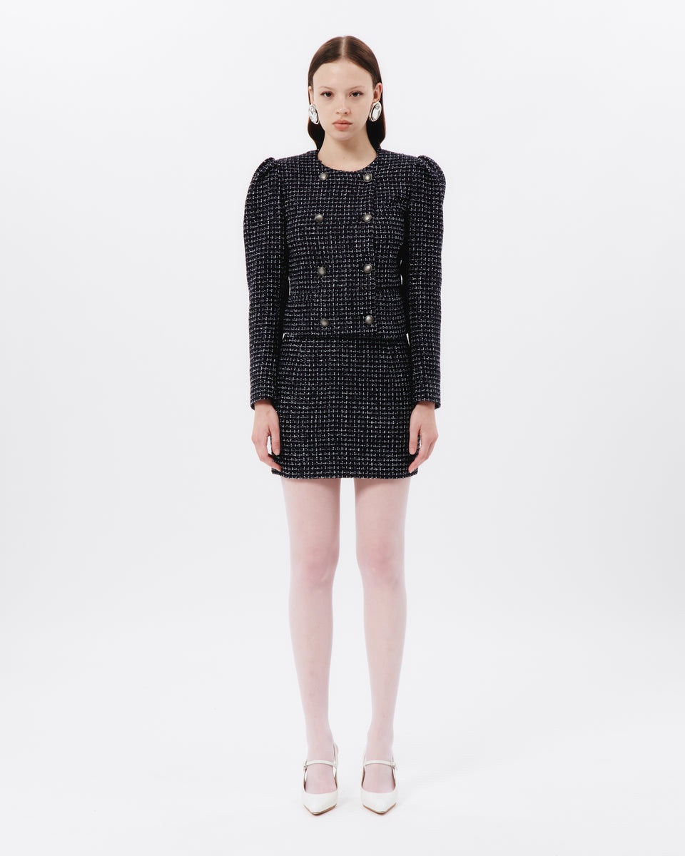 SEQUIN CHECKED TWEED  DOUBLE BREASTED JACKET - 4