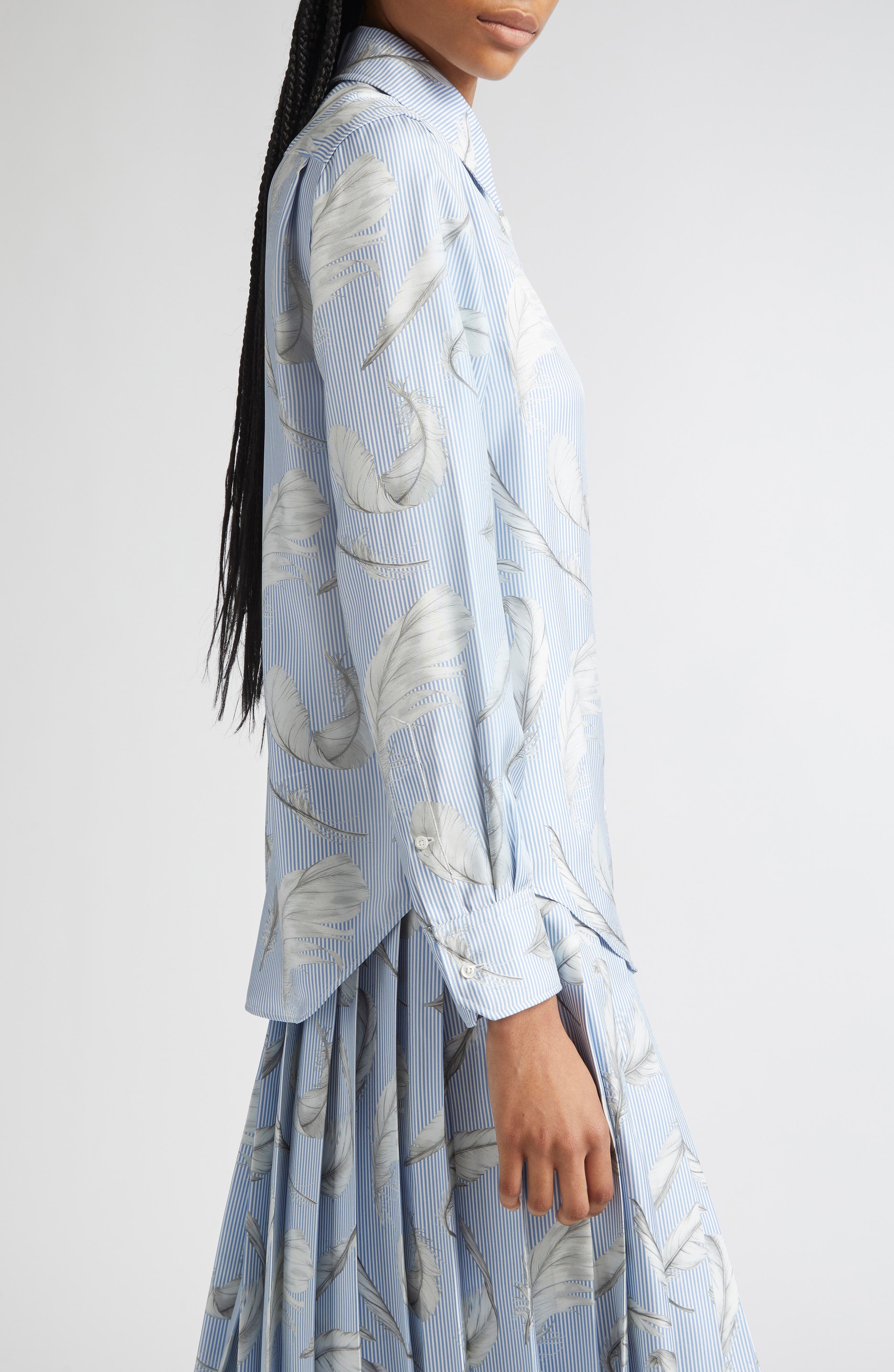 Thom Browne Feather Print Stripe Silk Button-Up Shirt in Light Blue at Nordstrom - 4