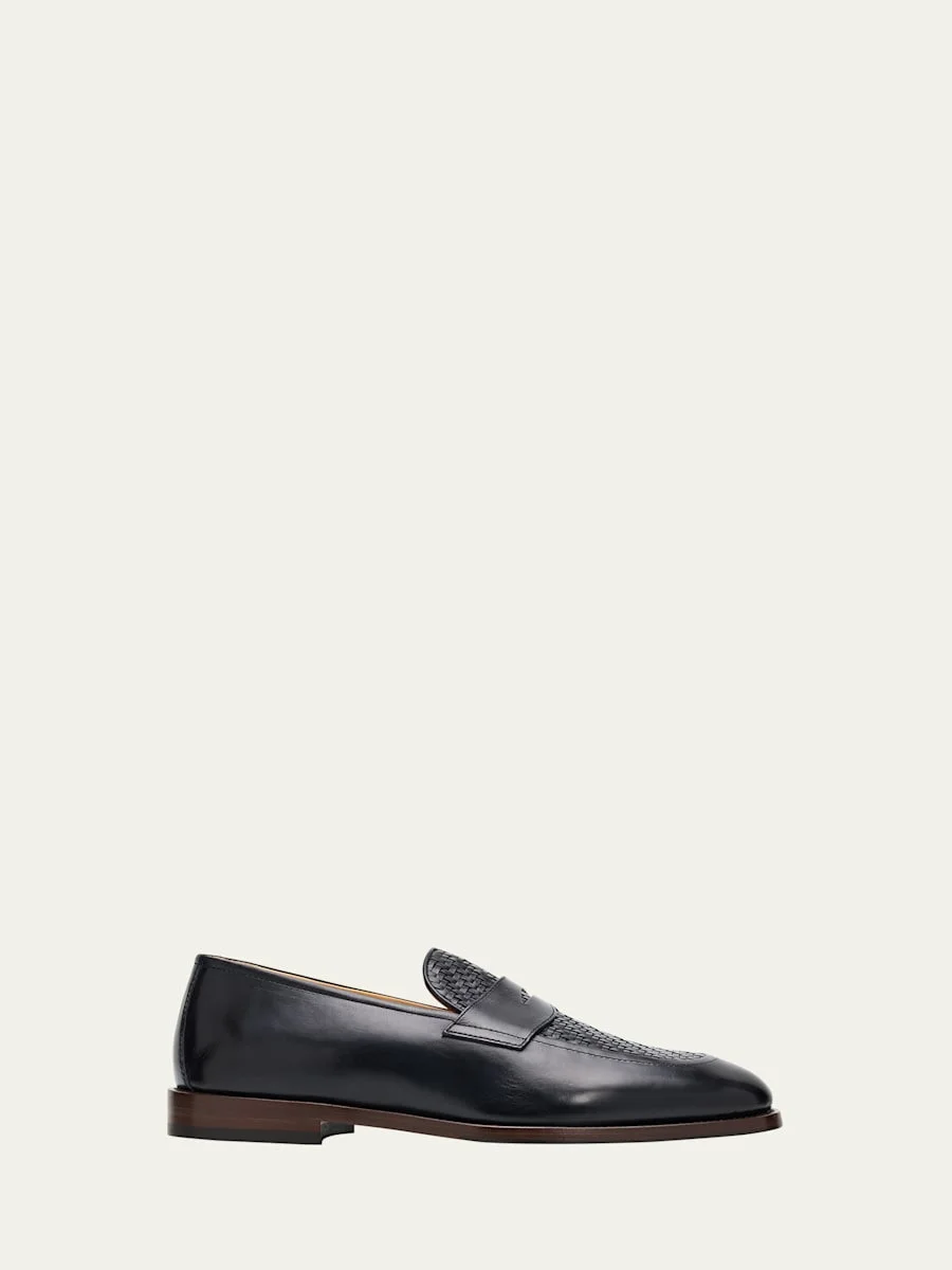 Men's Woven Vamp Leather Penny Loafers - 1