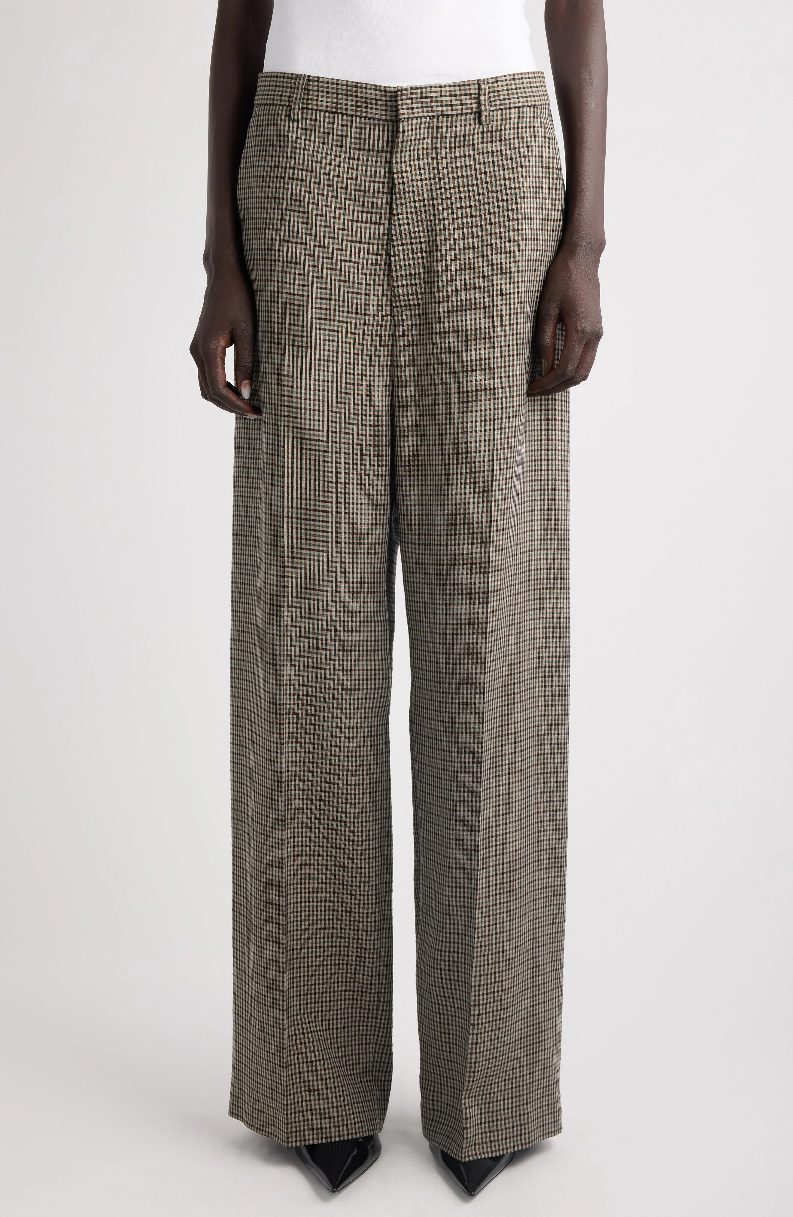 Balenciaga Check Wide Leg Pants in 2866 Khaki/Brown at Nordstrom - 1