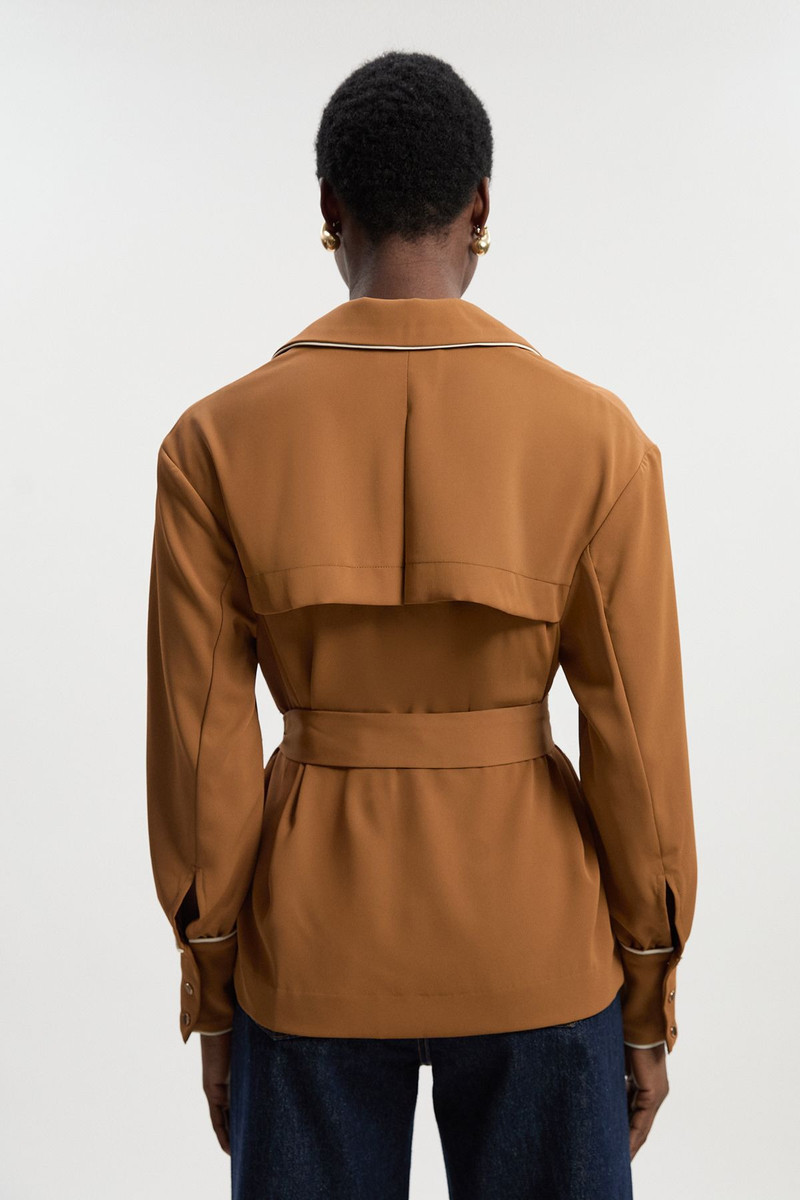 Contrast Tipping Tie Waist Woven Trench Jacket 5