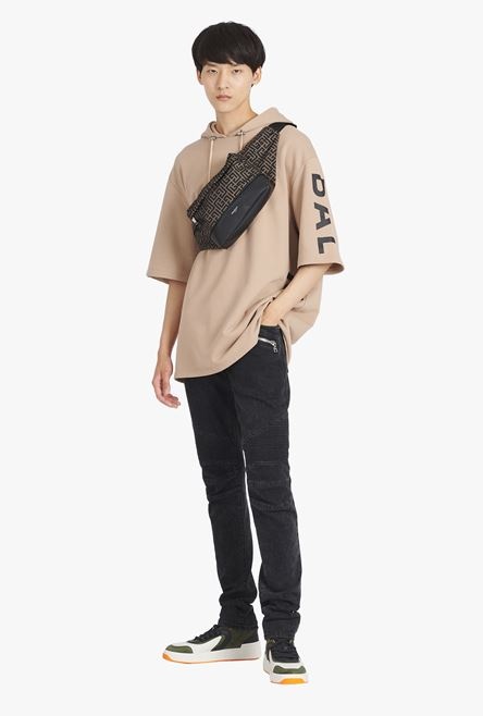 Oversized sand-colored eco-designed cotton hooded sweatshirt with black Balmain logo print - 2