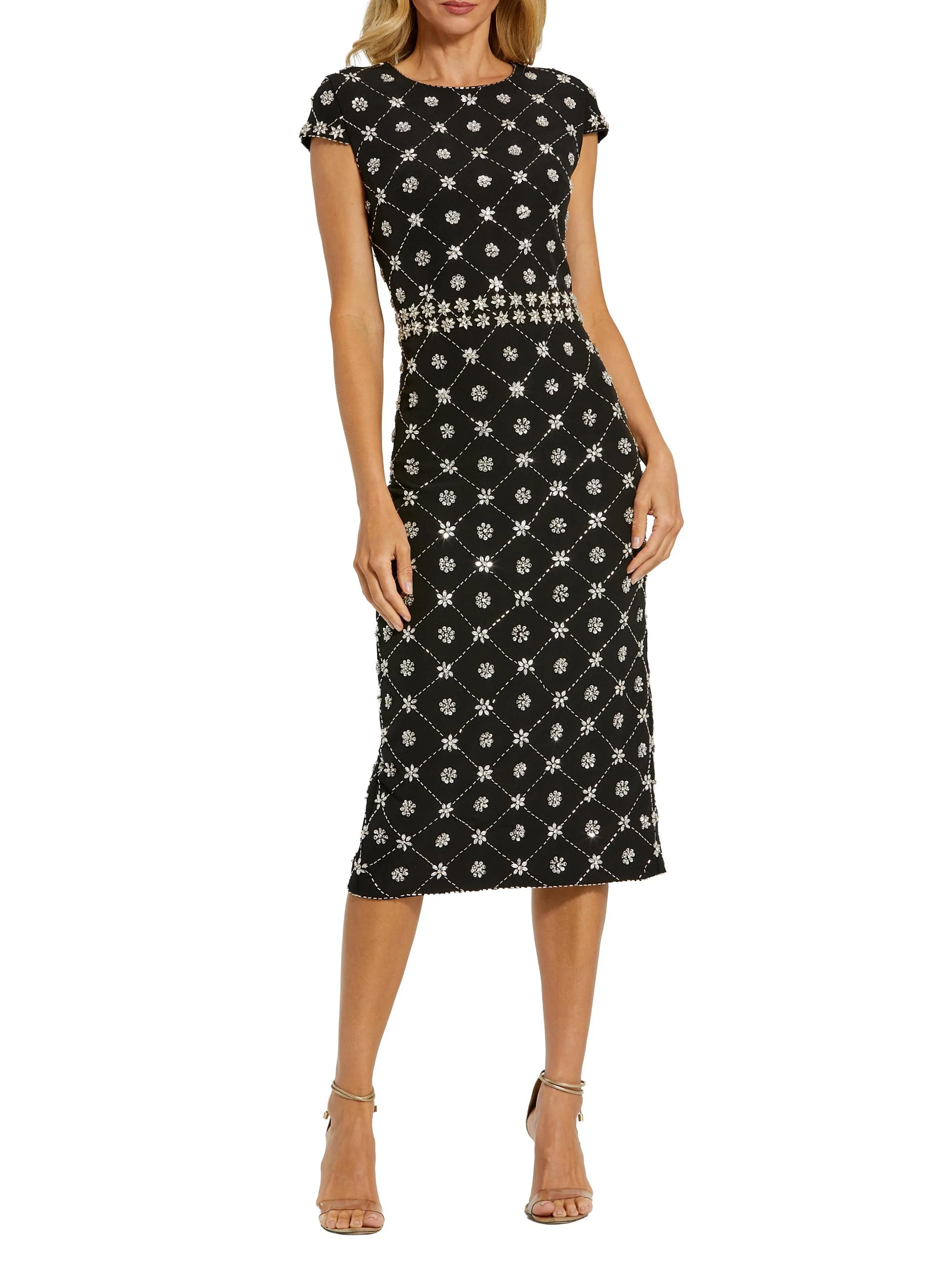 Women's Hand-Embellished Cap-Sleeve Midi-Dress - Black - 1
