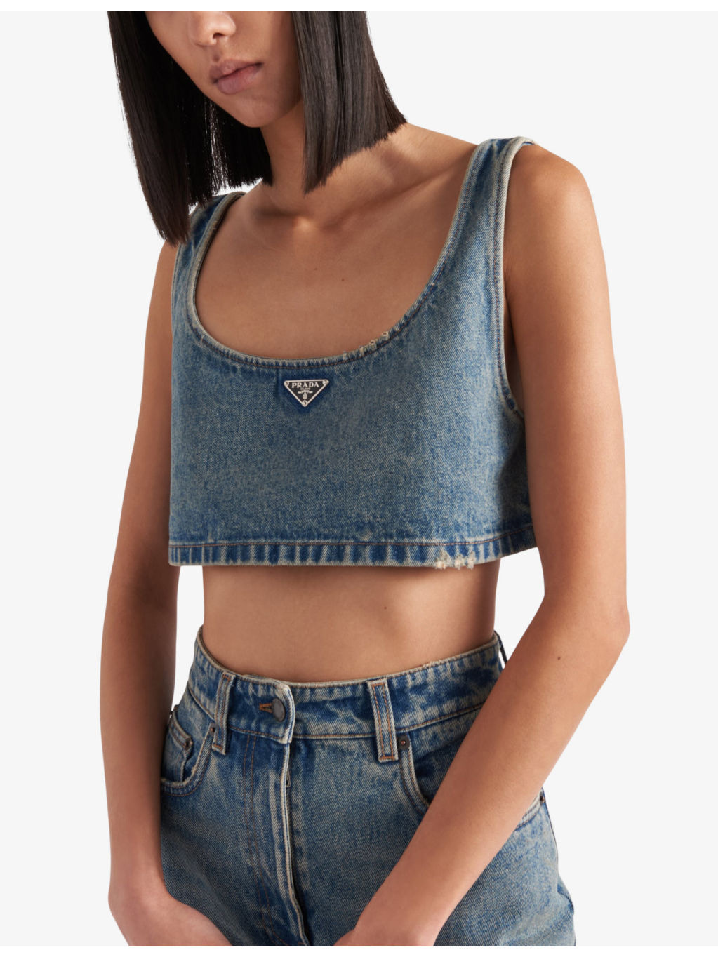 Logo-plaque denim-chambray crop top - 3