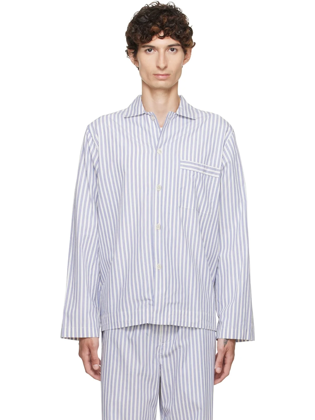 White & Blue Poplin Long-Sleeved Pyjama Shirt - 1