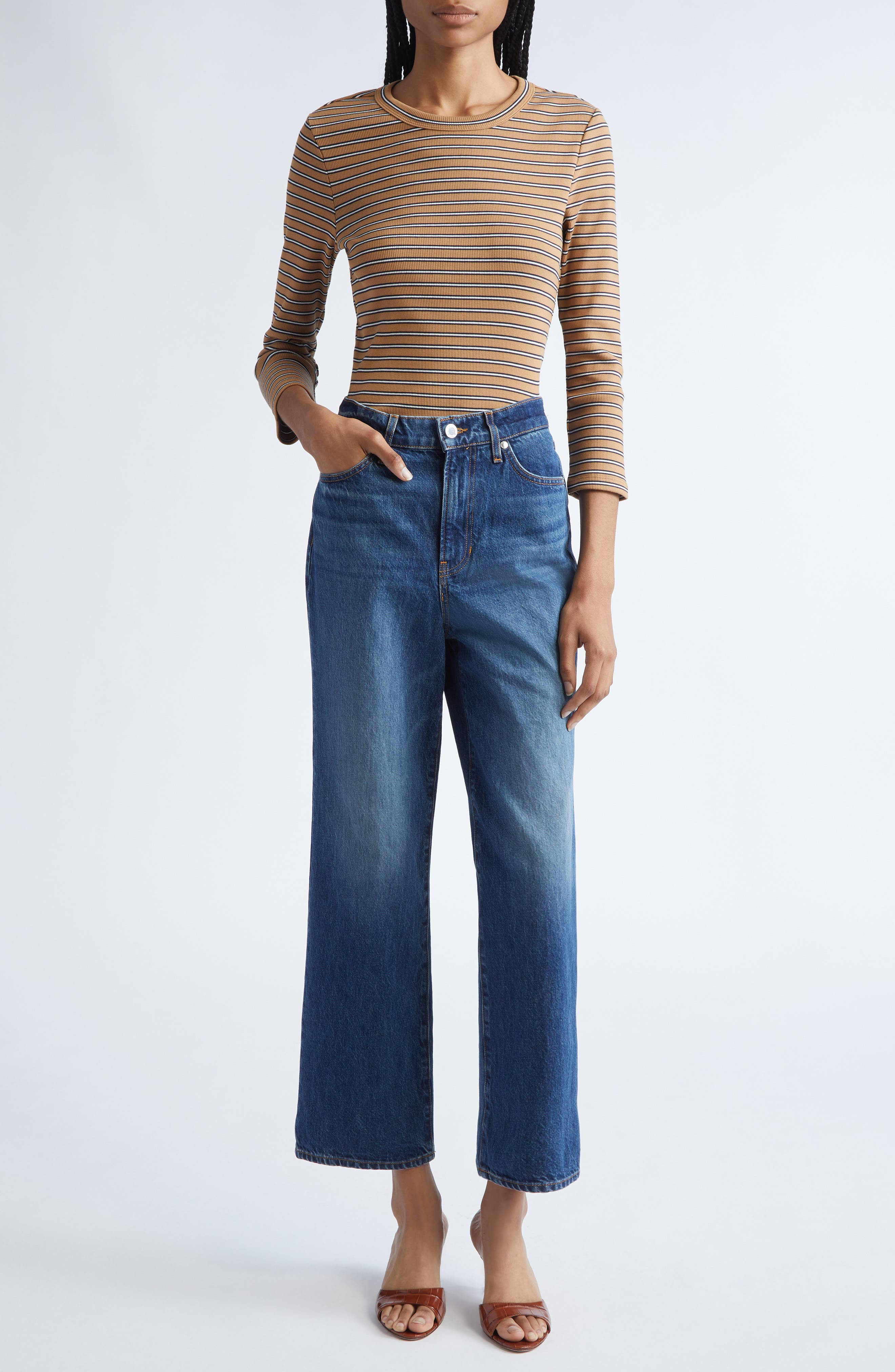 Veronica Beard Pruitt Stripe Three Quarter Sleeve Cotton T-Shirt in Brown Multi at Nordstrom - 2
