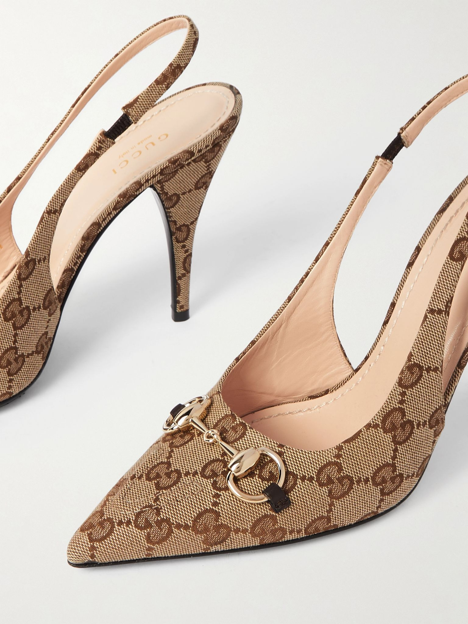 Erin horsebit-embellished canvas-jacquard slingback pumps Beige - 4