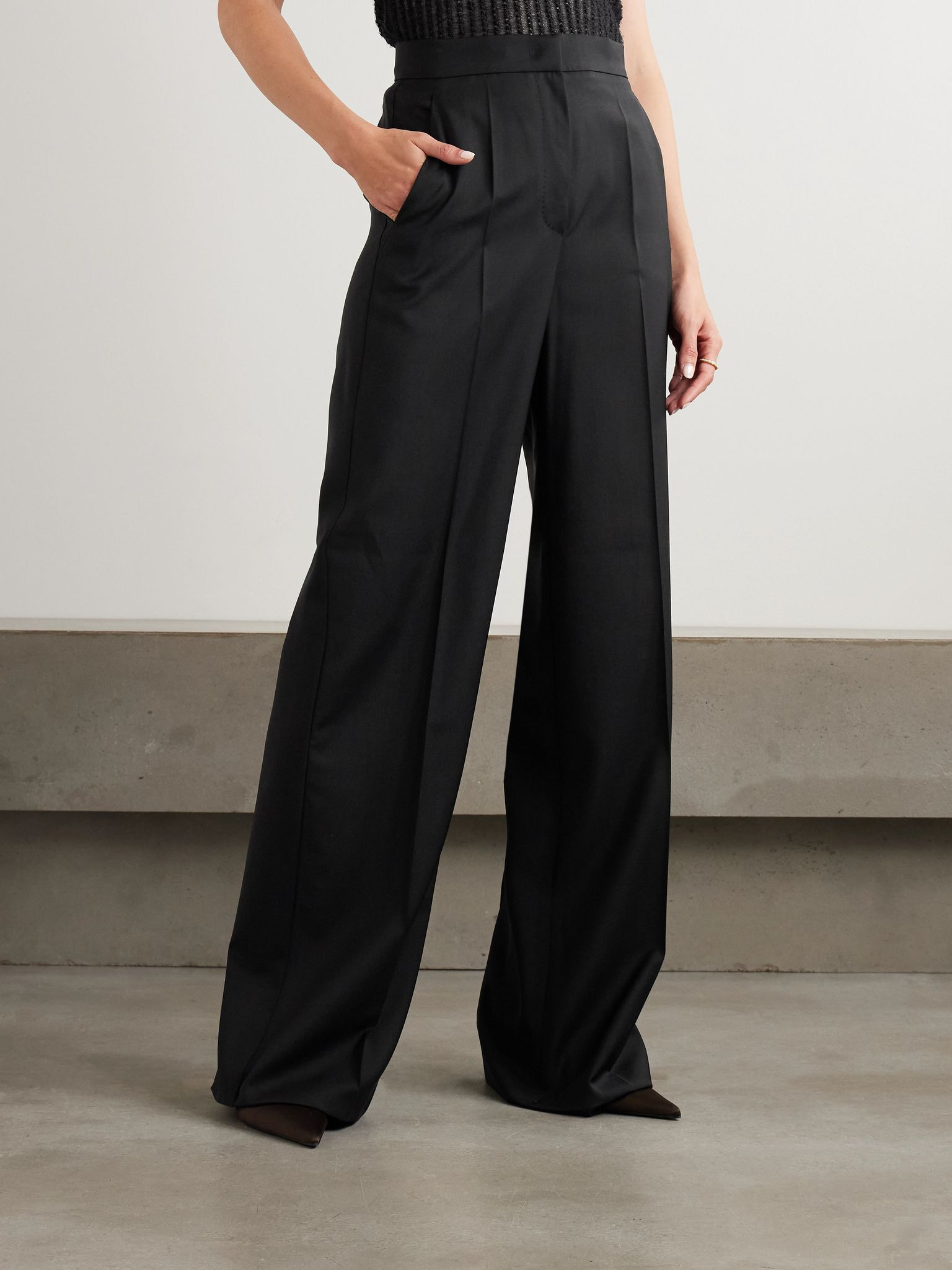 Fernet embroidered wool-canvas wide-leg pants Black - 3