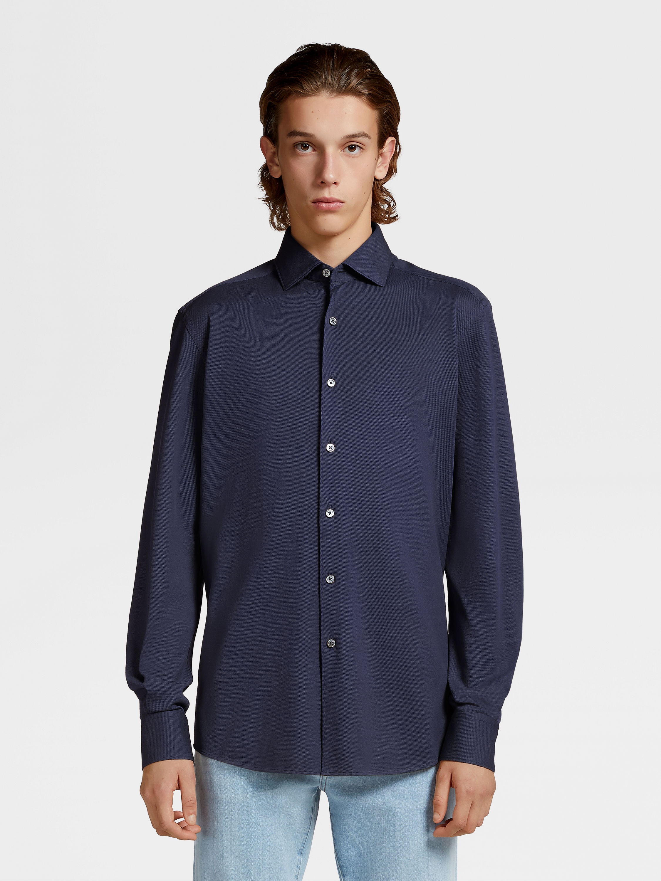 NAVY BLUE PURE COTTON JERSEY LONG-SLEEVE SHIRT - 2