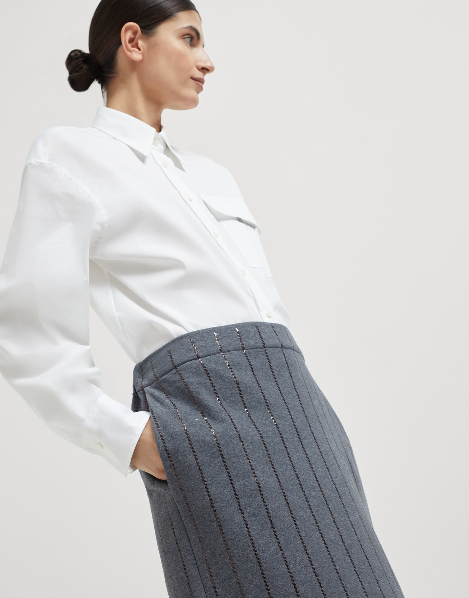 Cotton smooth French terry midi skirt with dazzling chalk stripe embroidery - 3