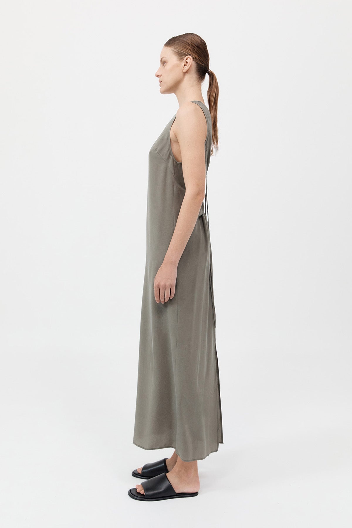 Drawstring Silk Dress - Smokey Olive - 3