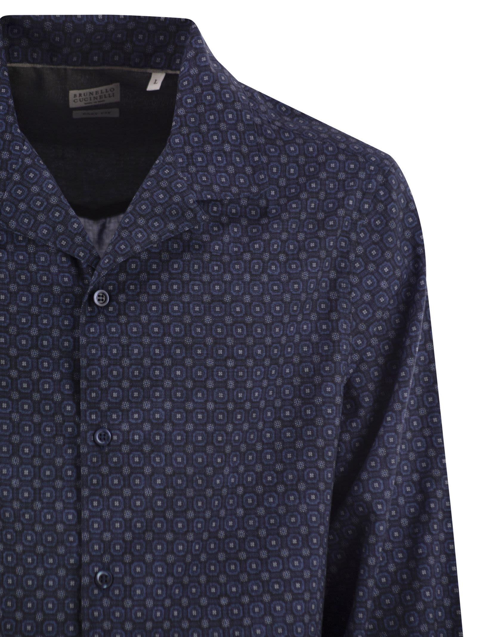 Brunello Cucinelli Men Geometric Print Easy Fit Twill Shirt With Camp Collar - 4