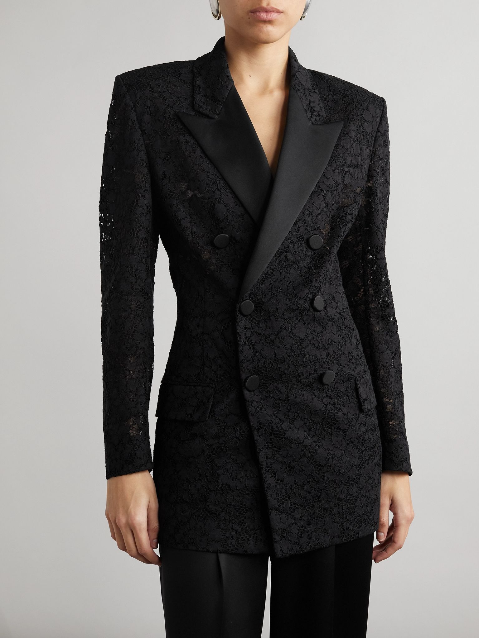 Double-breasted satin-trimmed lace blazer Black - 3