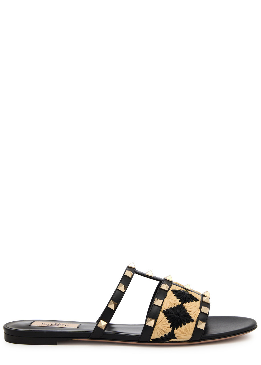 Valentino Rockstud Raffia Sliders - 1