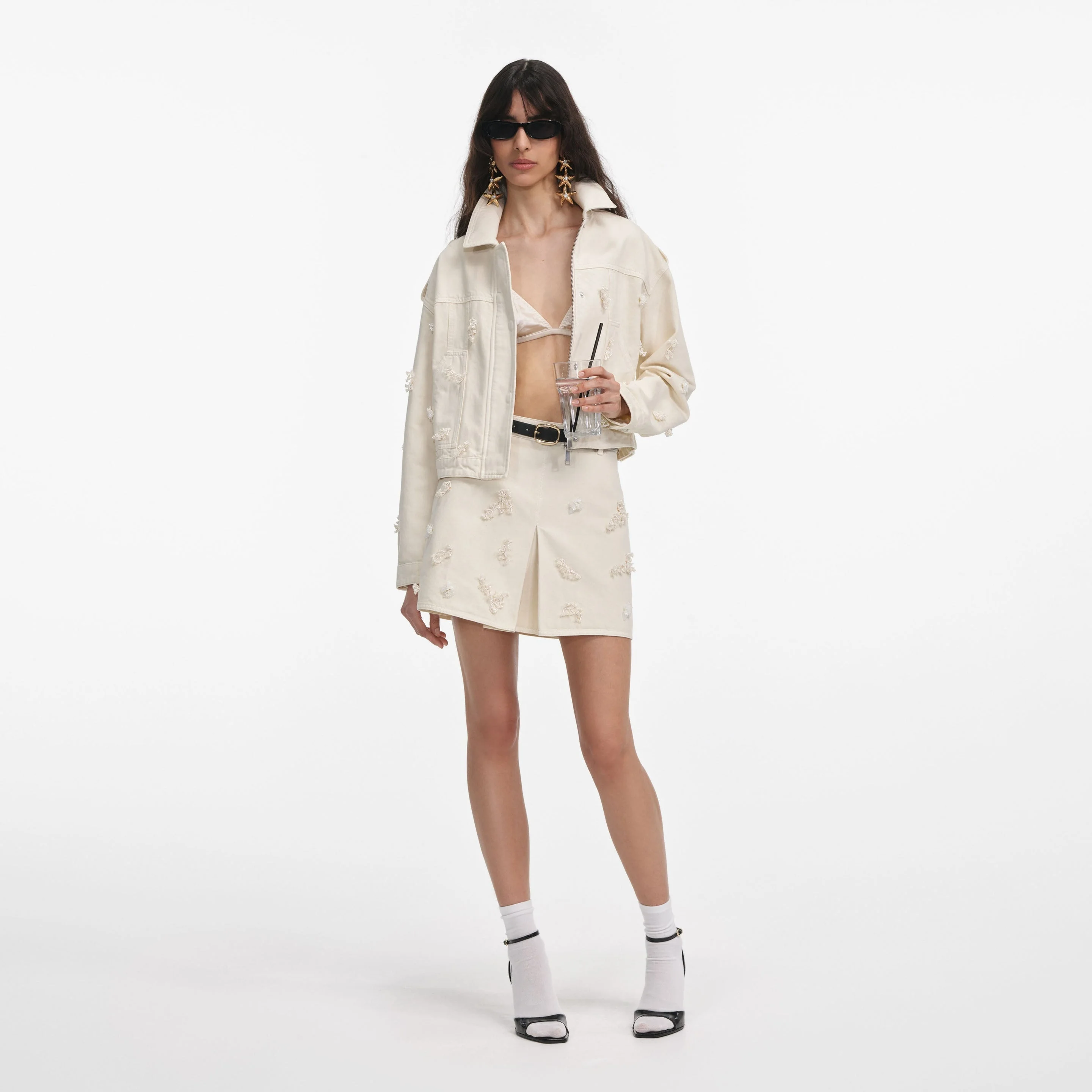 Cream Denim Beaded Floral Jacket - 1