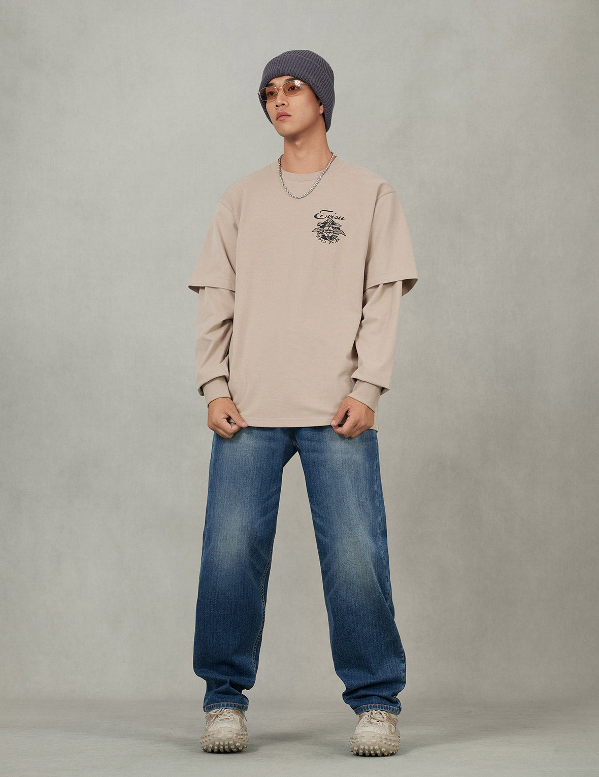 Sashiko-style Kamon Print Fashion Fit 2-in-1 Design Long-sleeve T-shirt - 5
