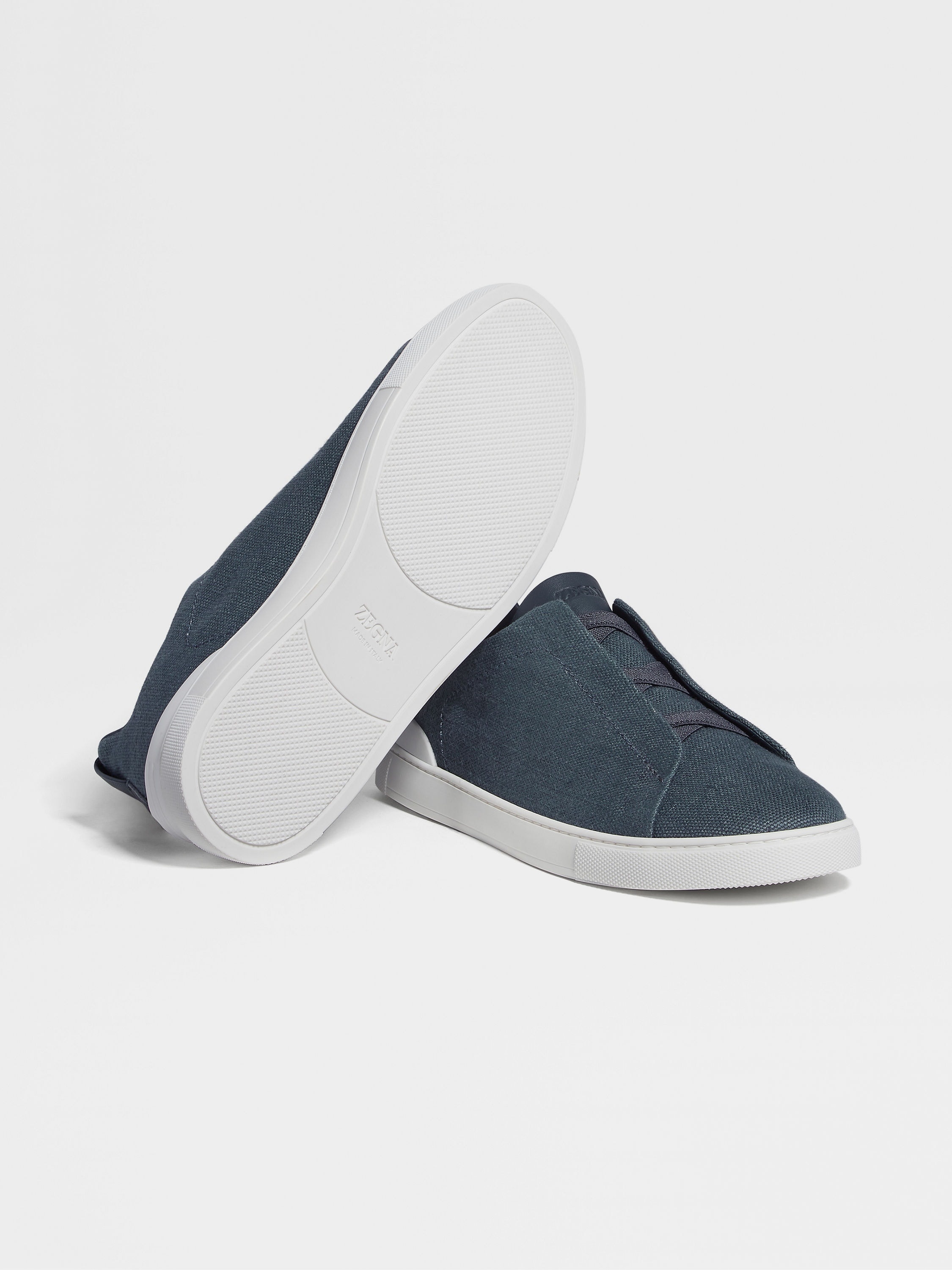 DARK TEAL BLUE COTTON LINEN AND LEATHER TRIPLE STITCH™ SNEAKERS - 5