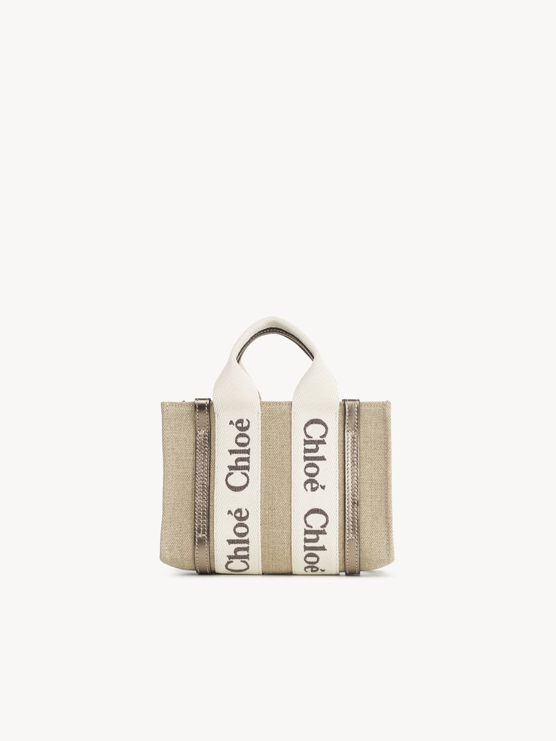 MINI WOODY TOTE BAG IN LINEN & LEATHER 4