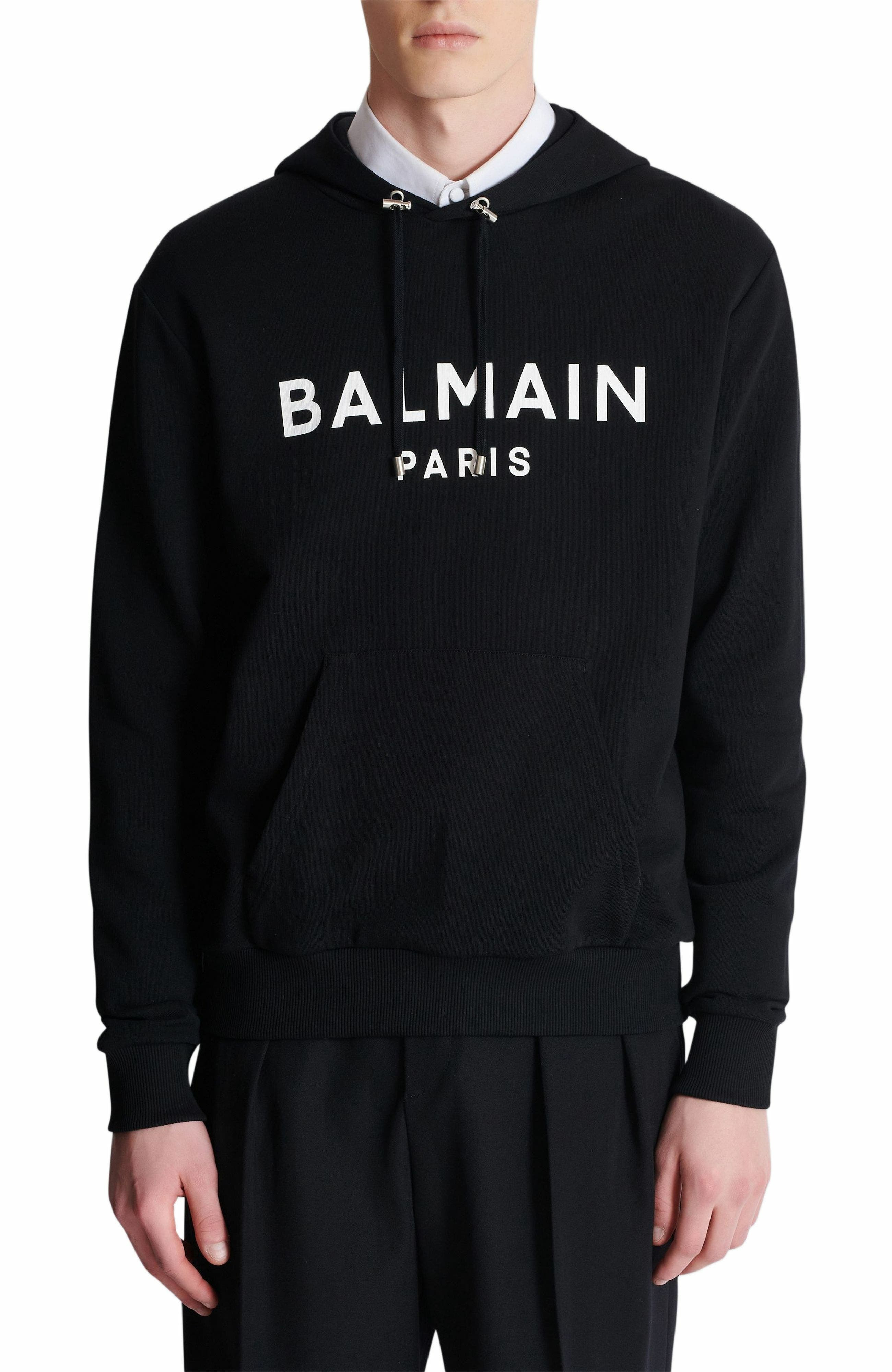 Balmain Logo Organic Cotton Graphic Hoodie in Black/White at Nordstrom - 8