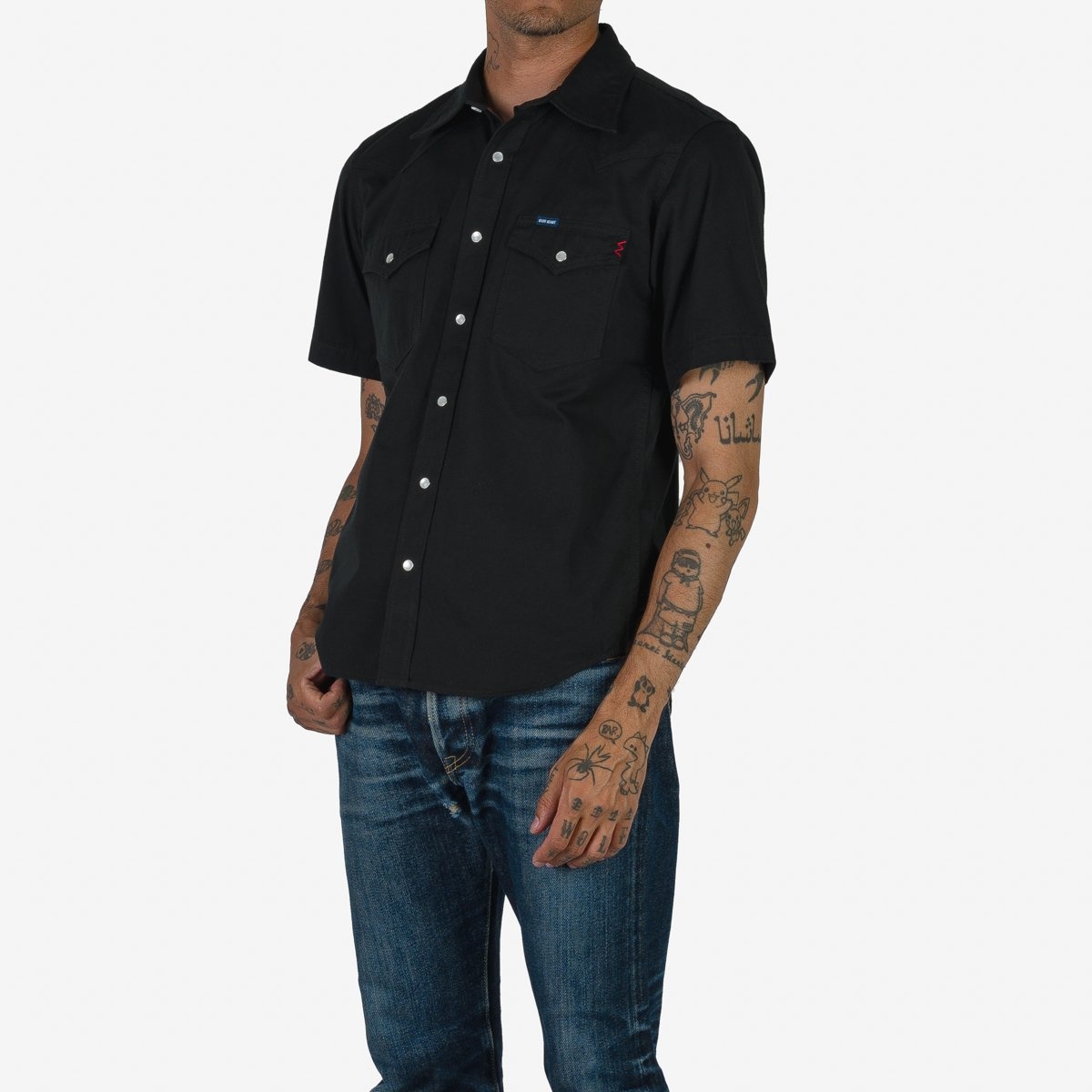 IHSH-387-BLK 7oz Fatigue Cloth Short Sleeved Western Shirt - Black - 2