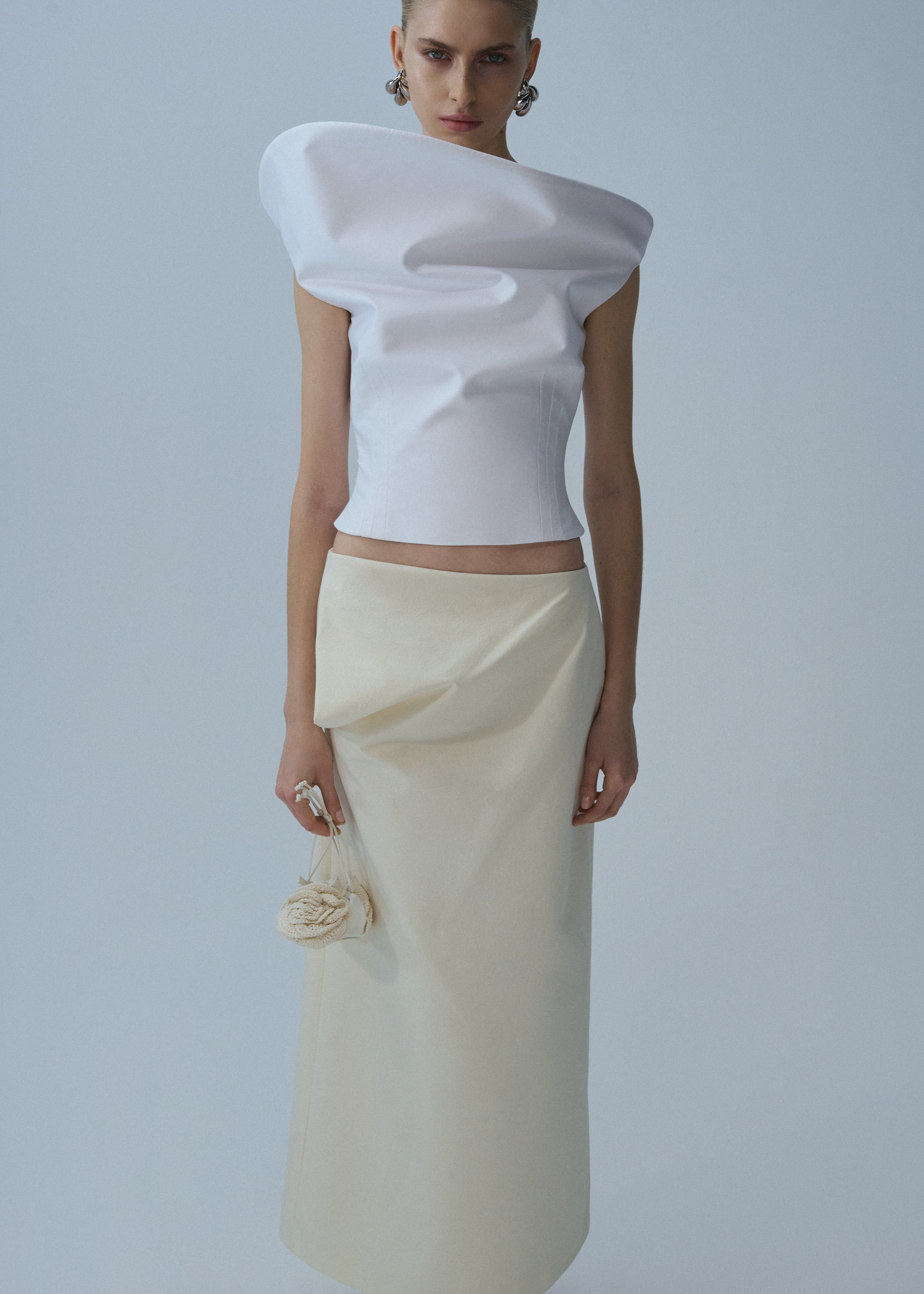 Silk draped midi skirt in cream - 5