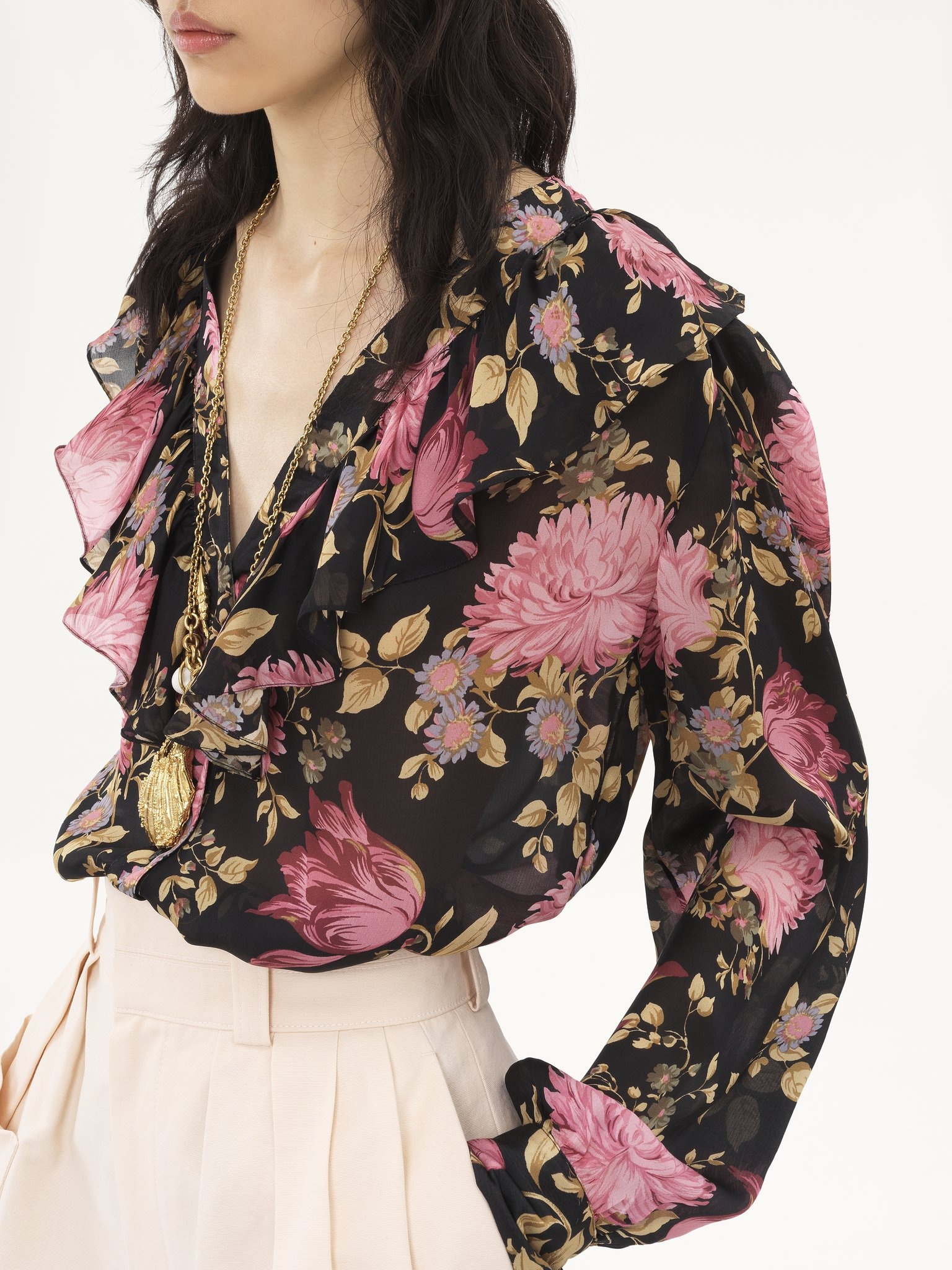 V-NECK RUFFLED BLOUSE IN SILK CHARMEUSE - 6