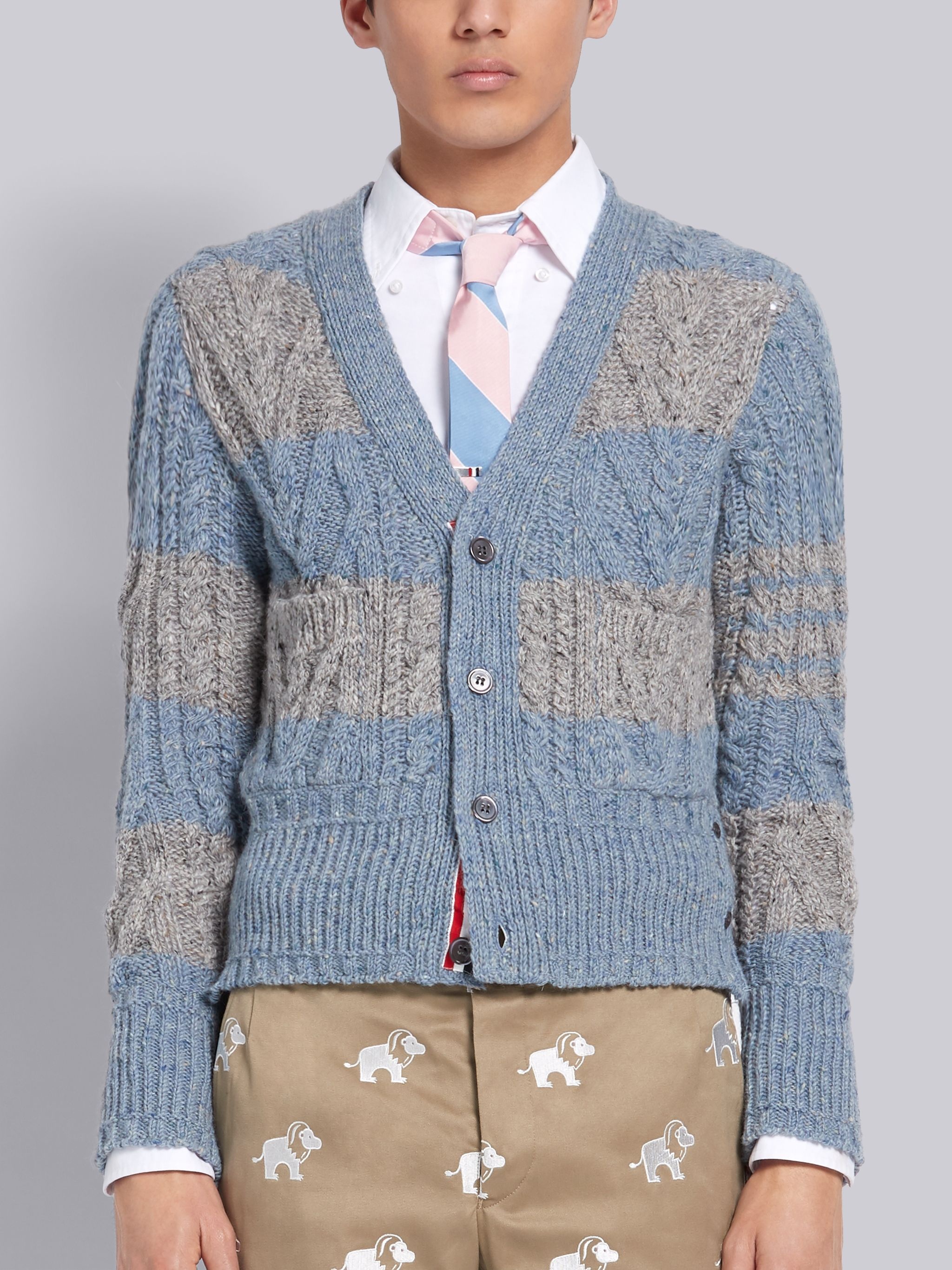 Light Blue Mohair Tweed Aran Cable Rugby Stripe V-neck Cardigan - 1