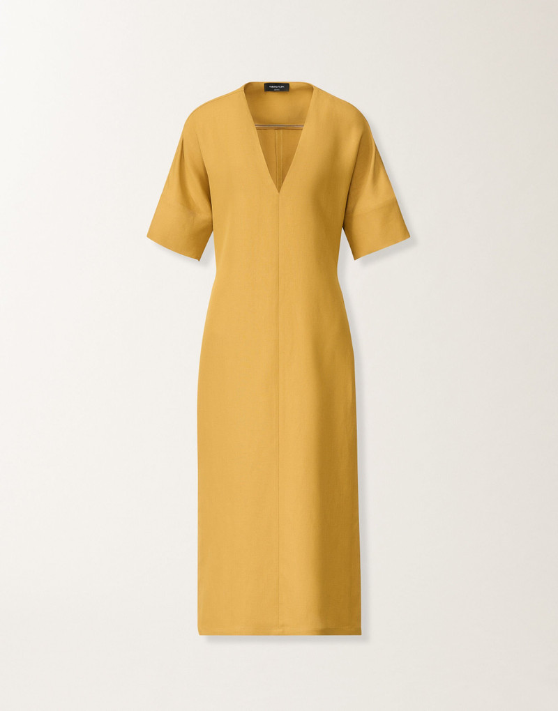 Fluid linen and viscose dress in mustard 1