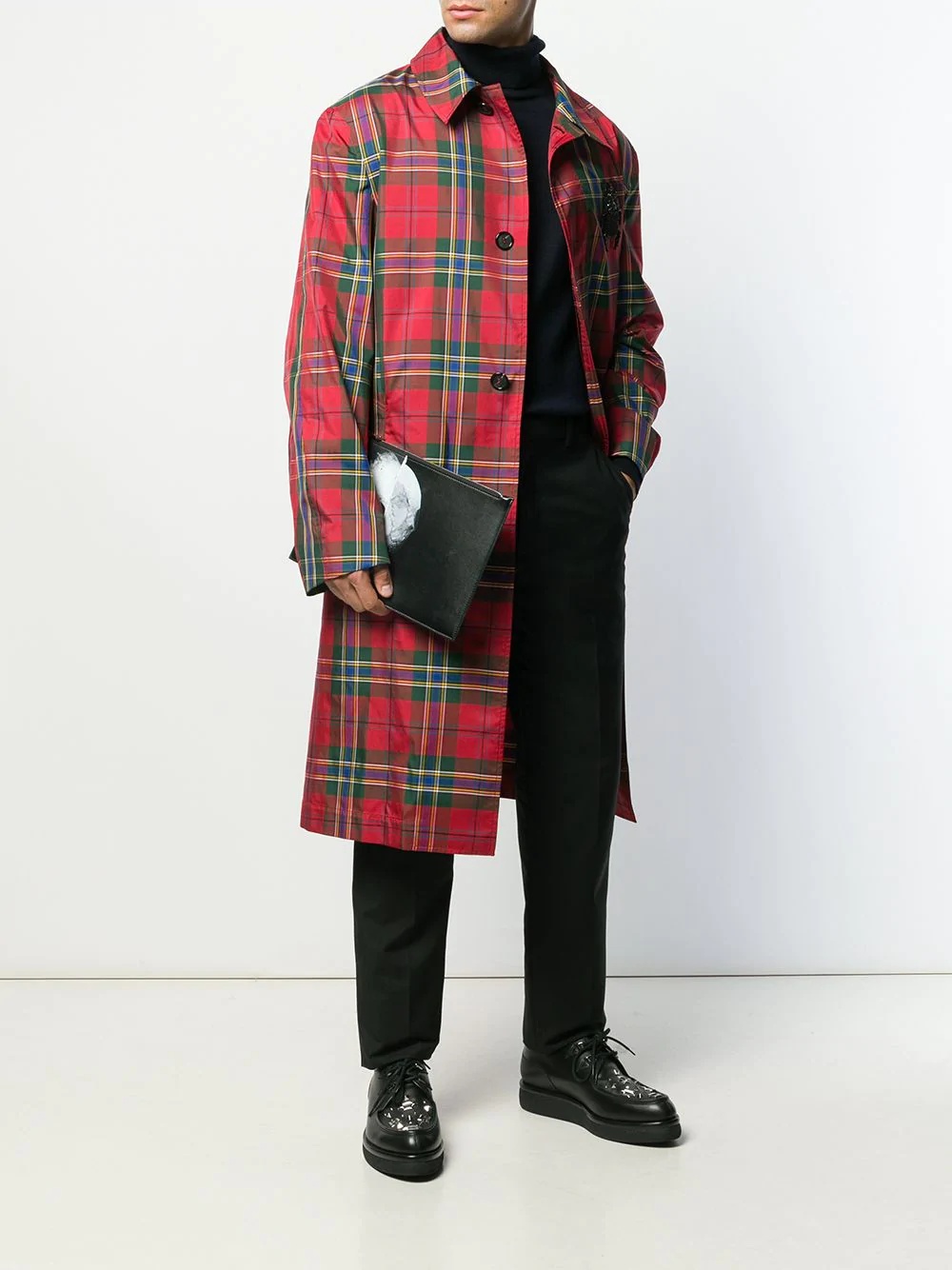 tartan motif trench coat - 2