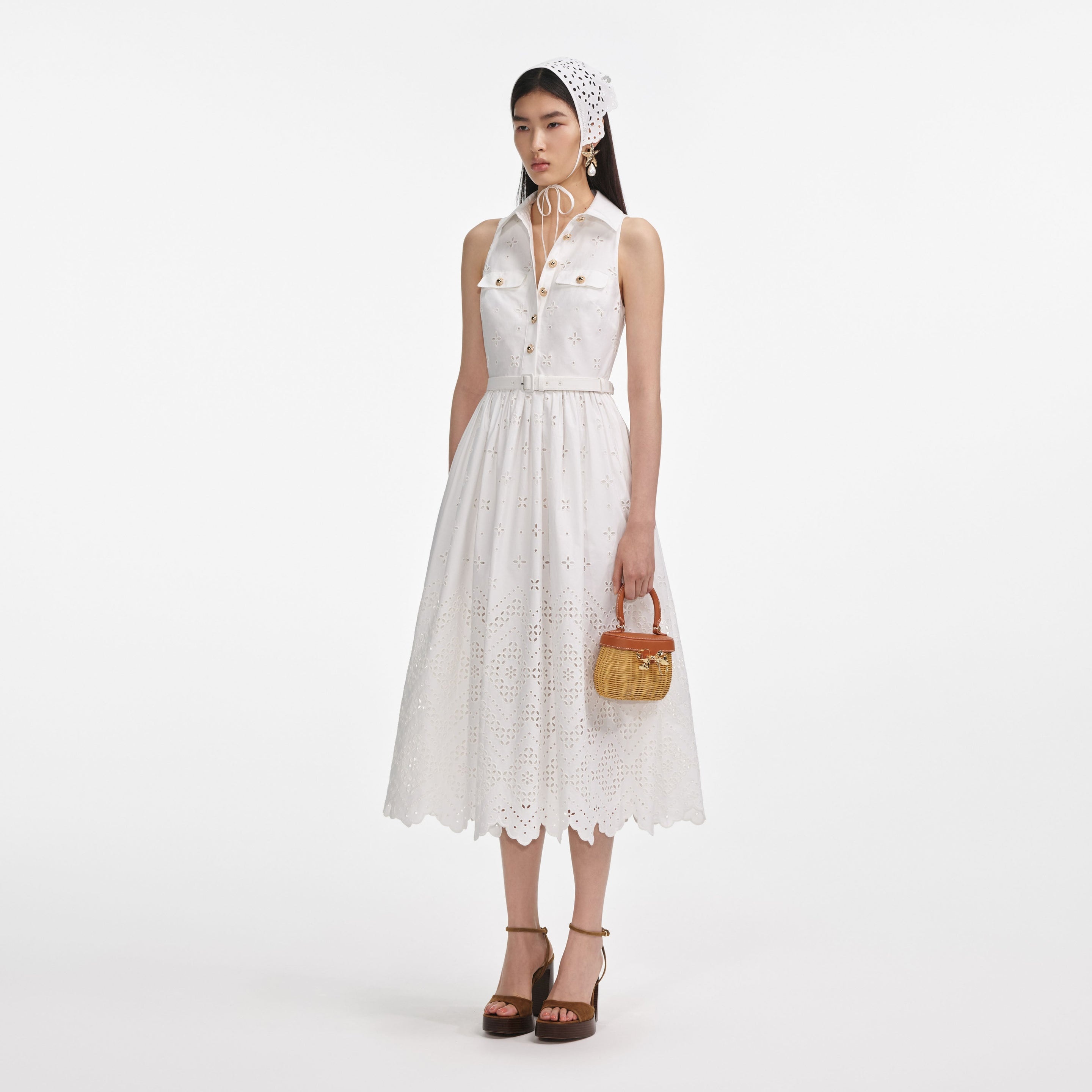 White Cotton Broderie Collared Midi Dress - 2