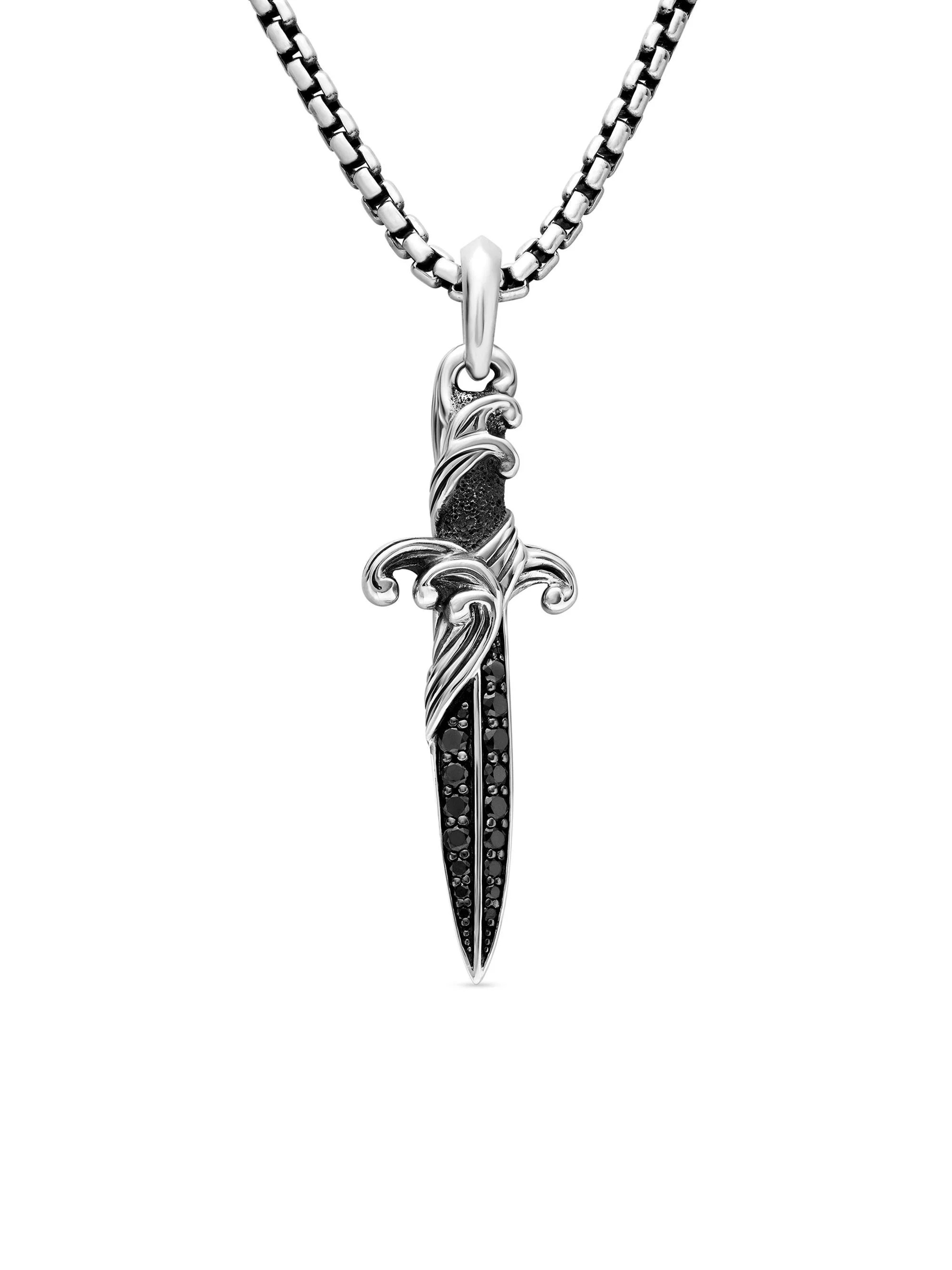 Men's Waves Dagger Amulet in Sterling Silver - Black Diamond - 1
