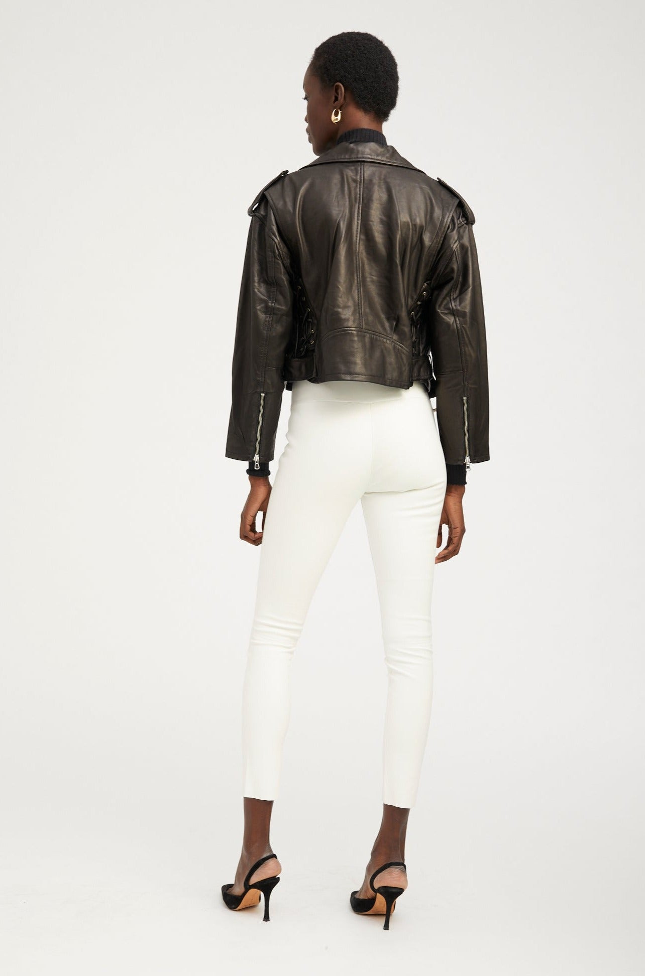 BLACK LEATHER EYELET LACE-UP MOTO JACKET - 7