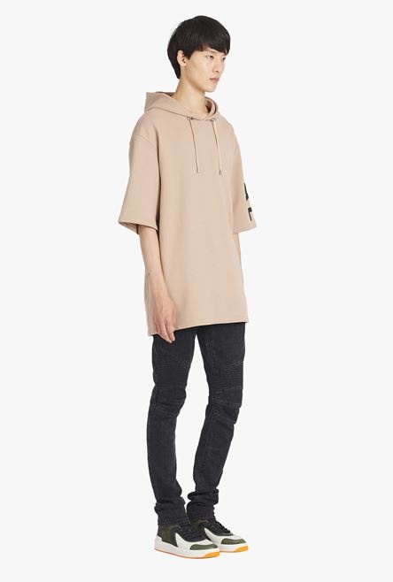 Oversized sand-colored eco-designed cotton hooded sweatshirt with black Balmain logo print - 7