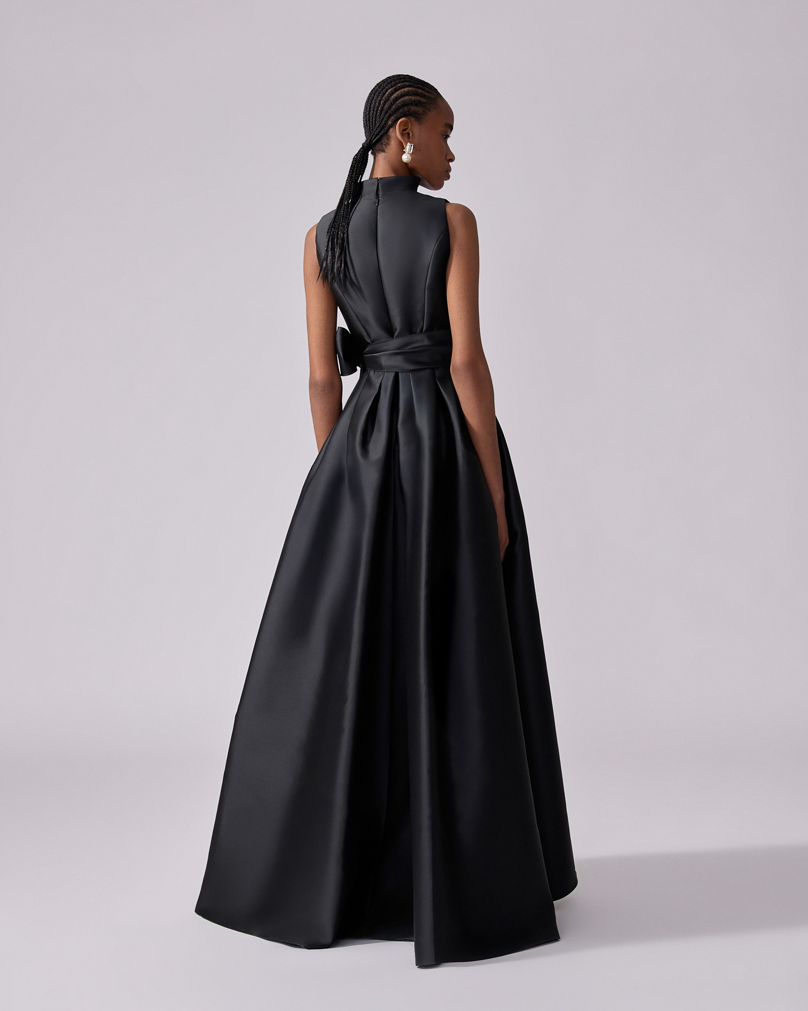 V-neck Gown With Stand Collar And Self Belt - 3