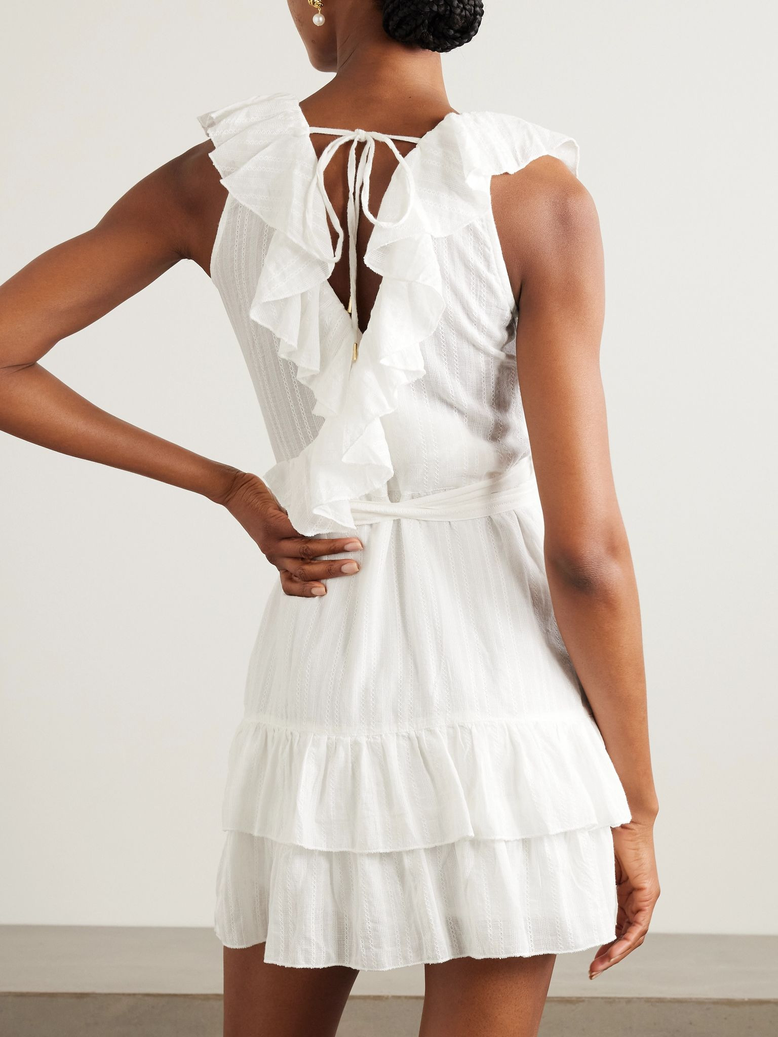 Molly belted ruffled embroidered cotton mini wrap dress White - 3