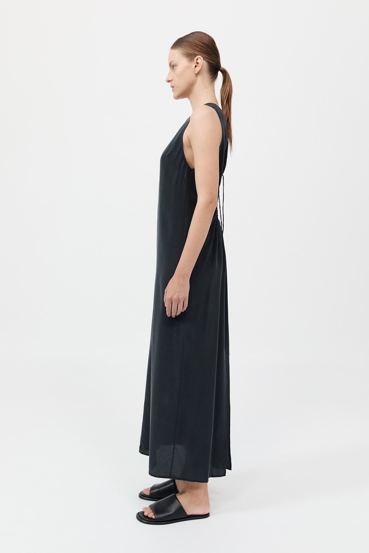 Drawstring Silk Dress - Black - 3