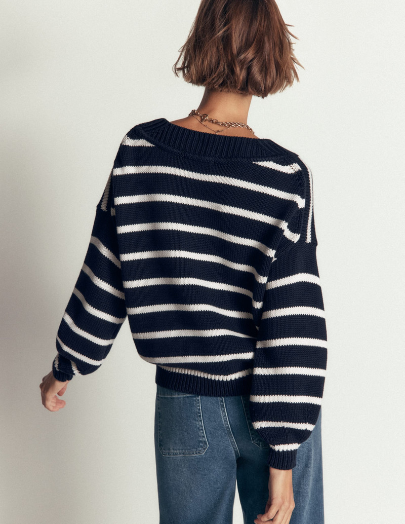 Lucy Cotton V-neck Sweater-Navy, Ivory 5