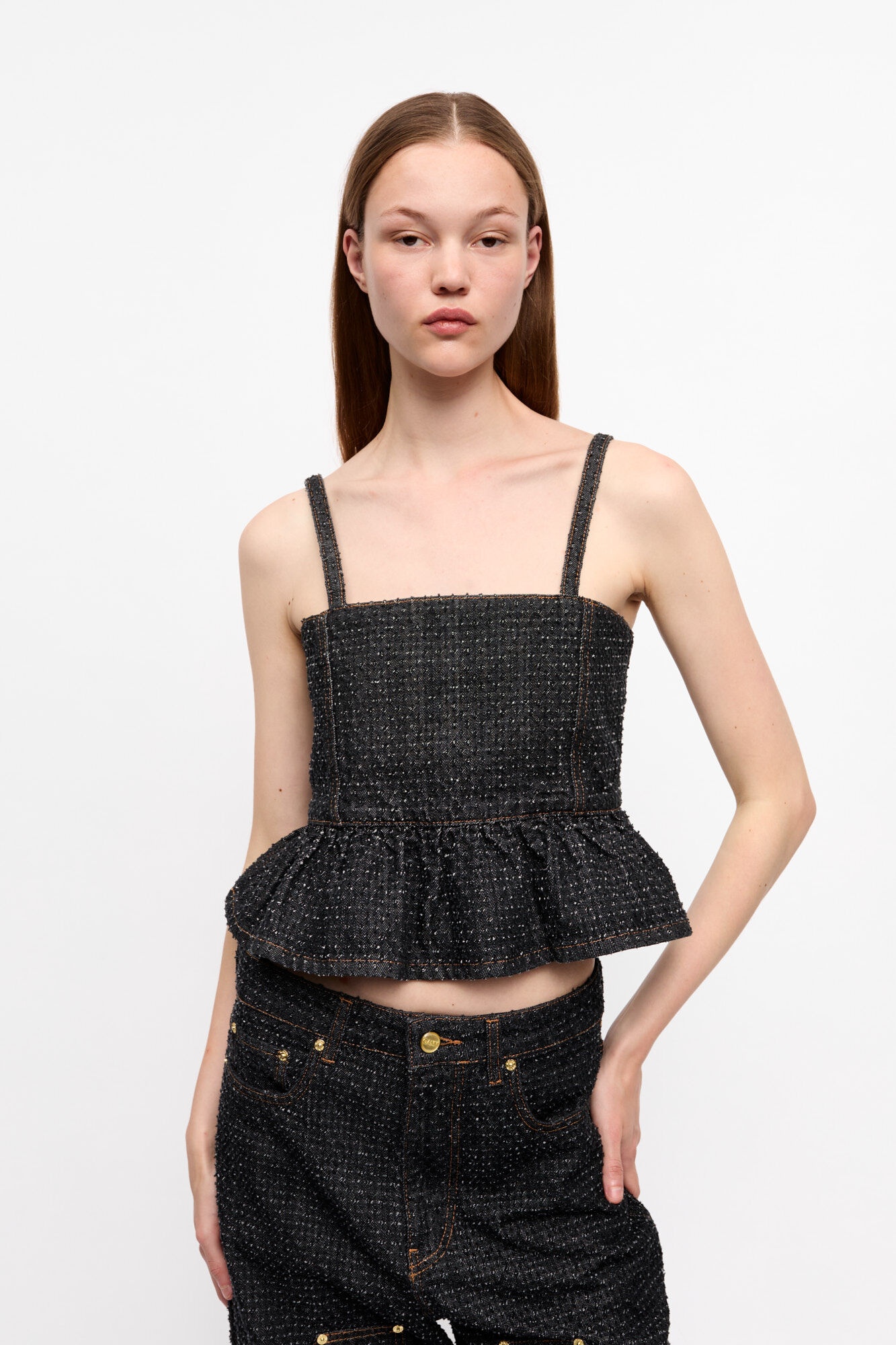 BLACK FLUFFY DENIM STRAP TOP - 2