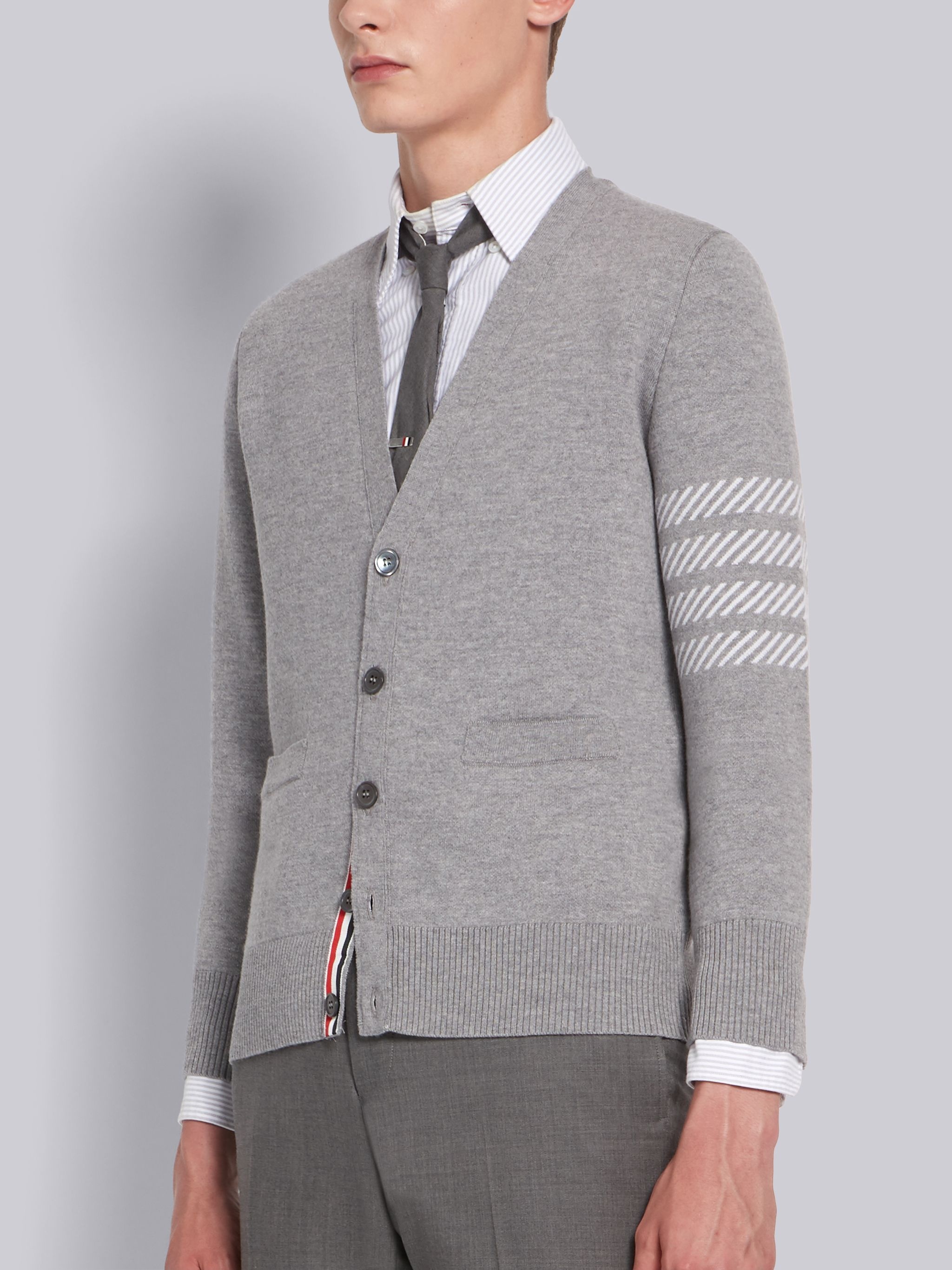 Light Grey Fine Merino Dolphin Icon V-neck 4-bar Cardigan - 2