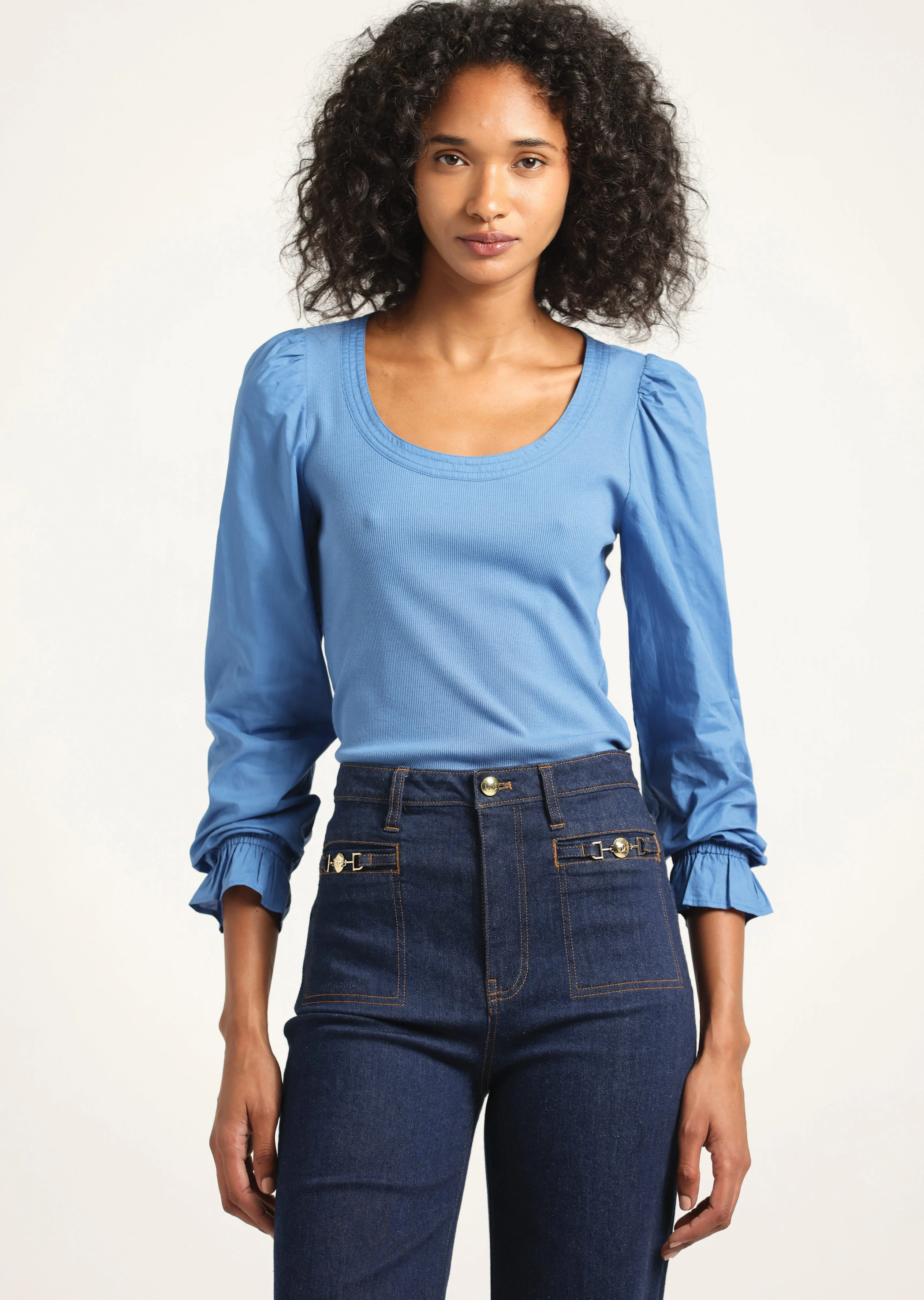 AISHAH SCOOP NECK LONG SLEEVE RIBBED TOP - 1