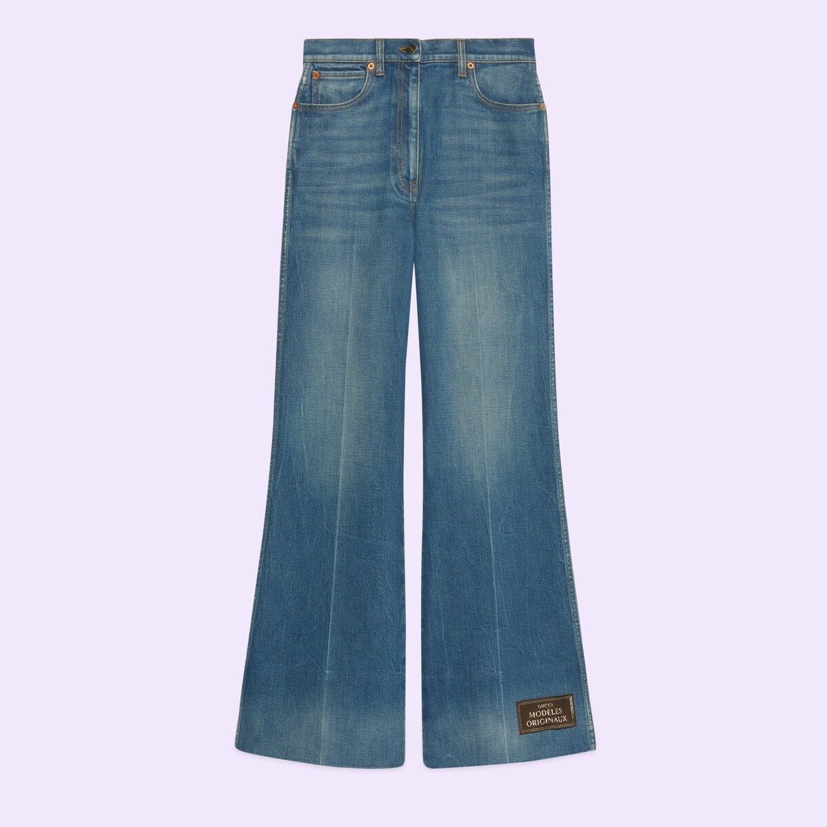 Denim flare pant with Gucci label - 1