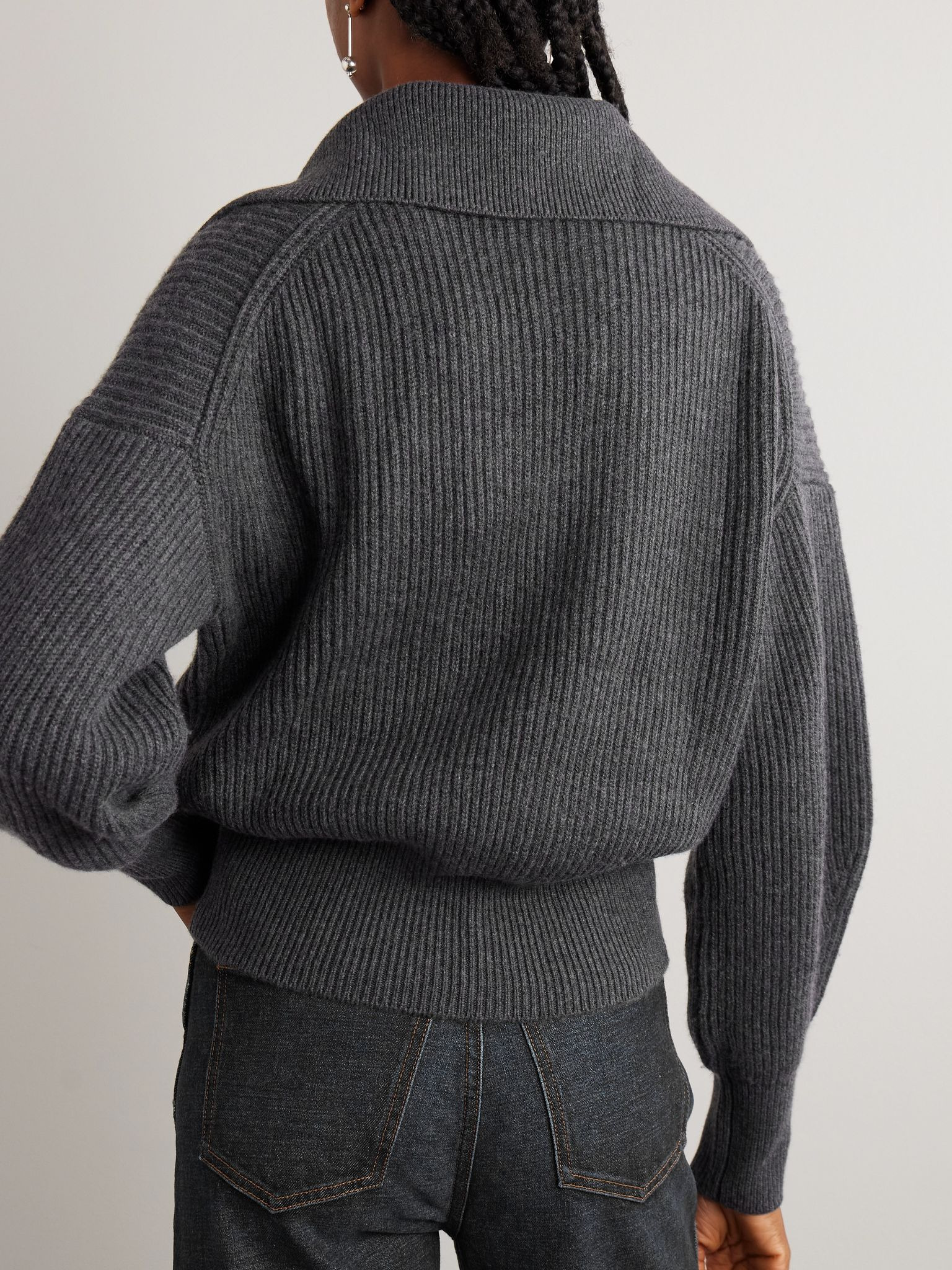 Ribbed wool, silk and cashmere-blend polo sweater Charcoal - 4