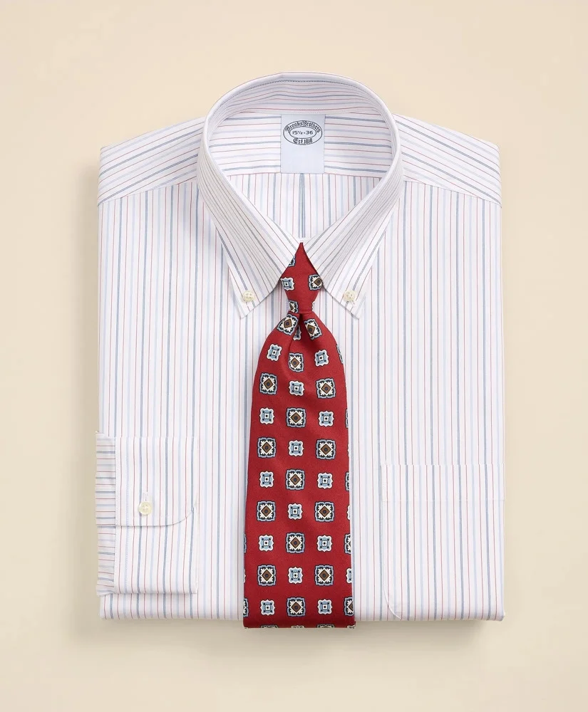 Stretch Supima® Cotton Non-Iron Broadcloth Button Down Collar, Striped Dress Shirt - 1