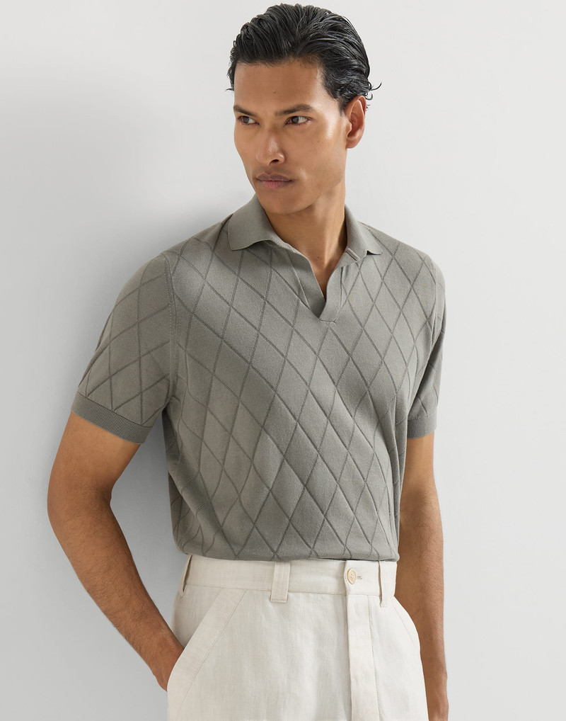 Cotton textured Argyle lightweight knit polo shirt 5