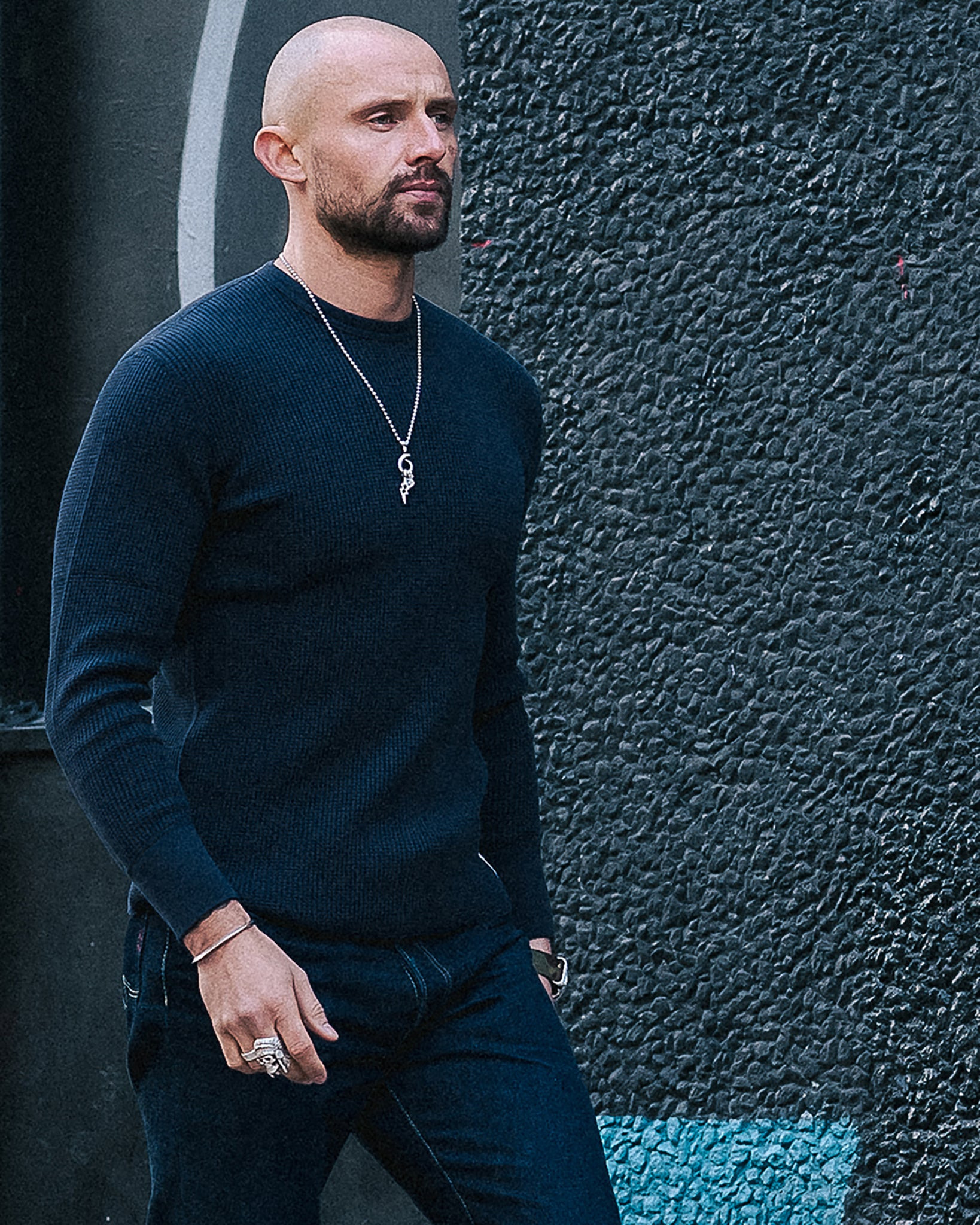 IHTL-1301-NAV Waffle Knit Long Sleeved Crew Neck Thermal Top - Navy - 4