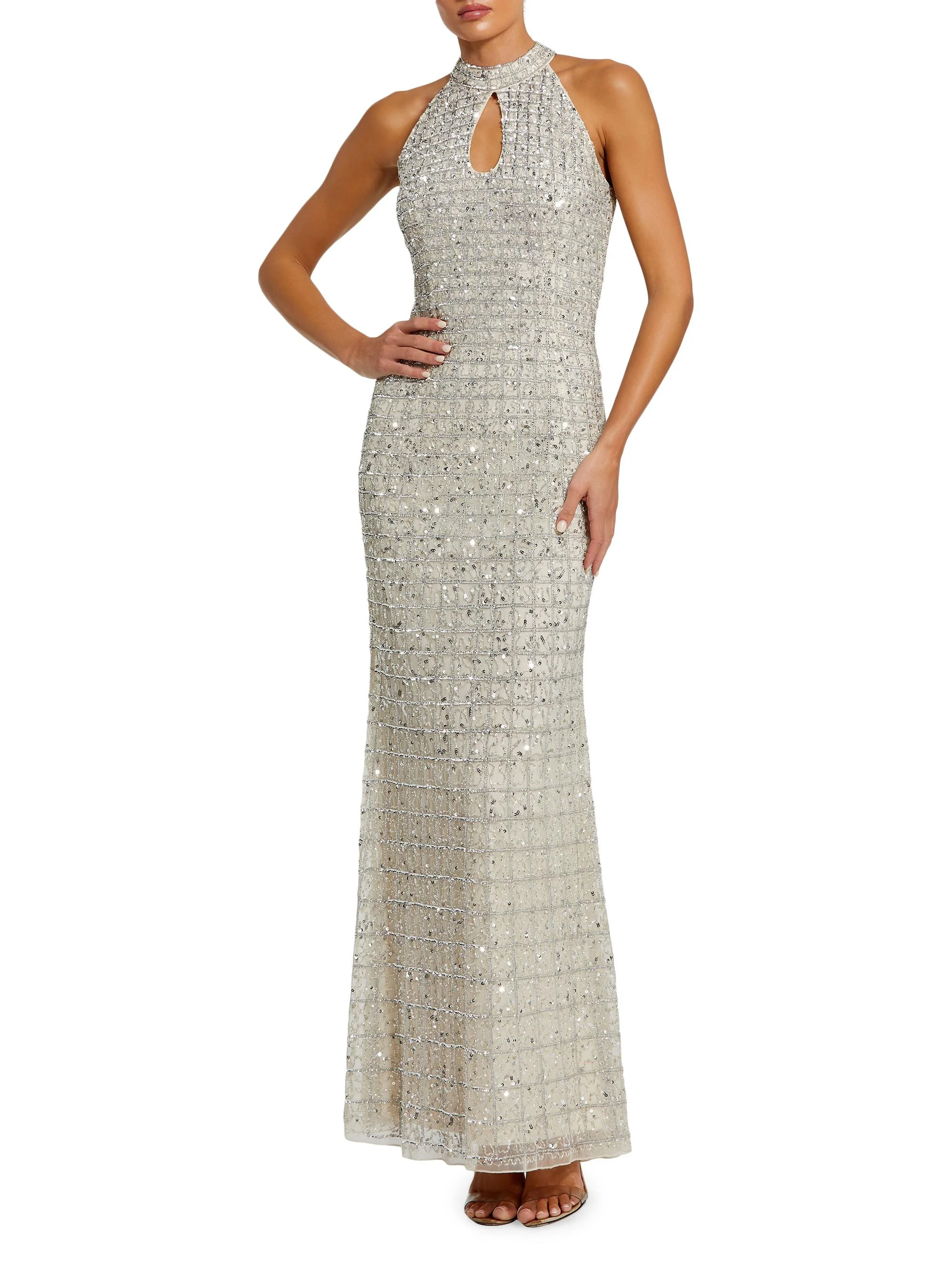 Women's Embellished Keyhole Column Gown - Beige Silver - 1