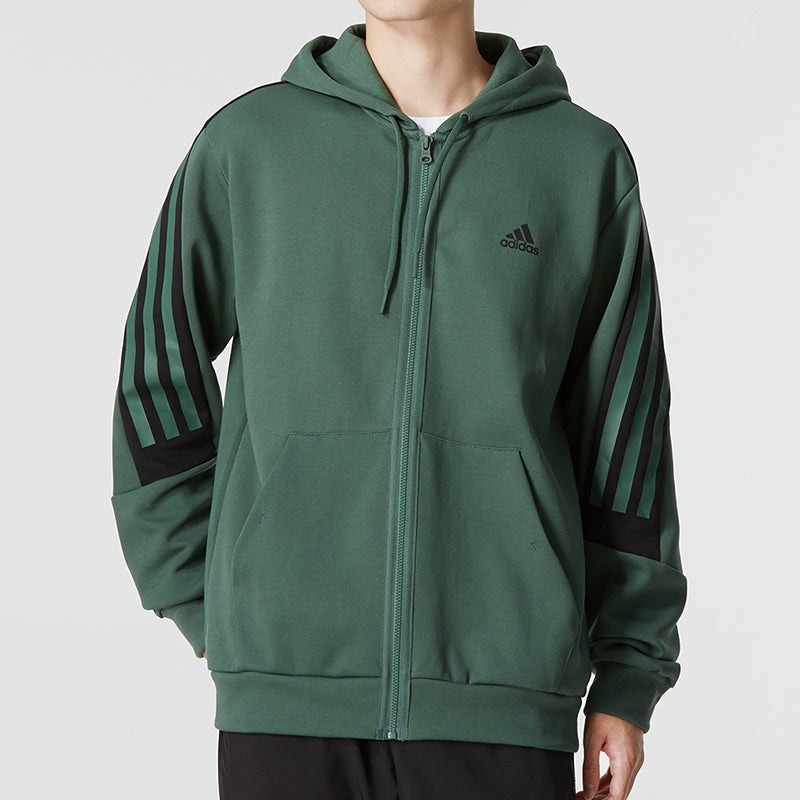 Men's adidas Stripe Logo Athleisure Casual Sports Knit Hooded Jacket Autumn Green HC5841 - 5