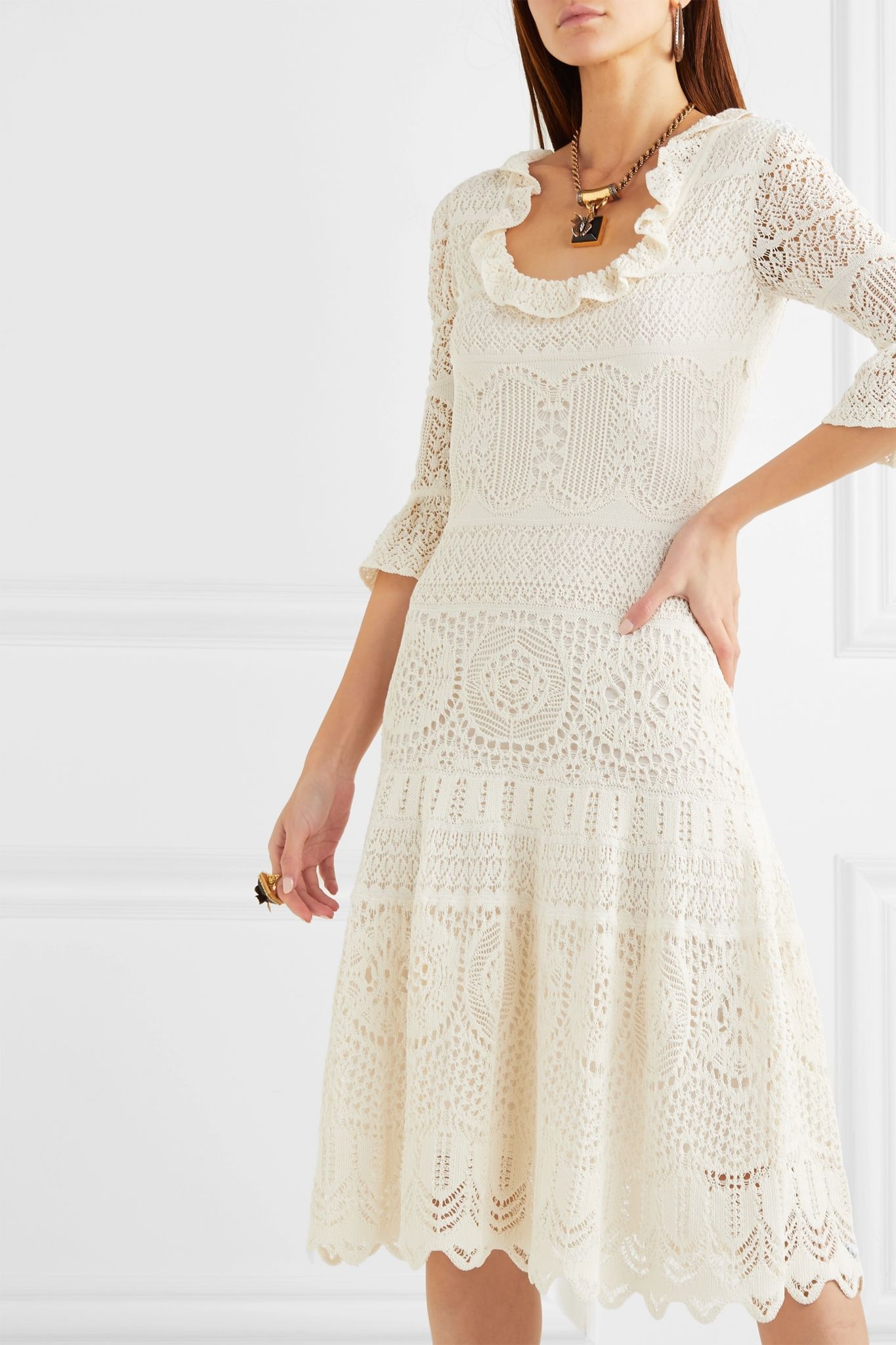 Ruffled crocheted cotton-blend midi dress - 3