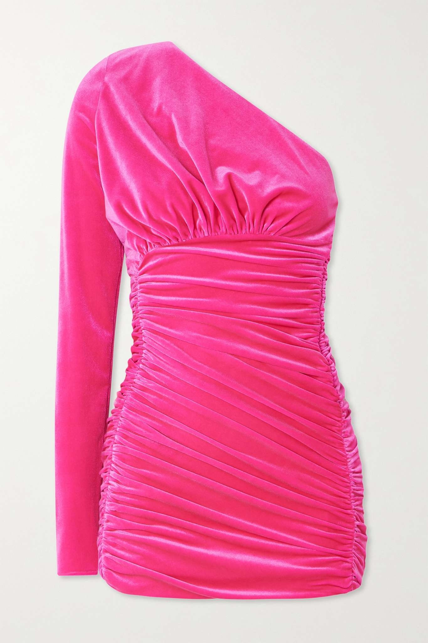 One-shoulder ruched stretch-velvet mini dress - 1